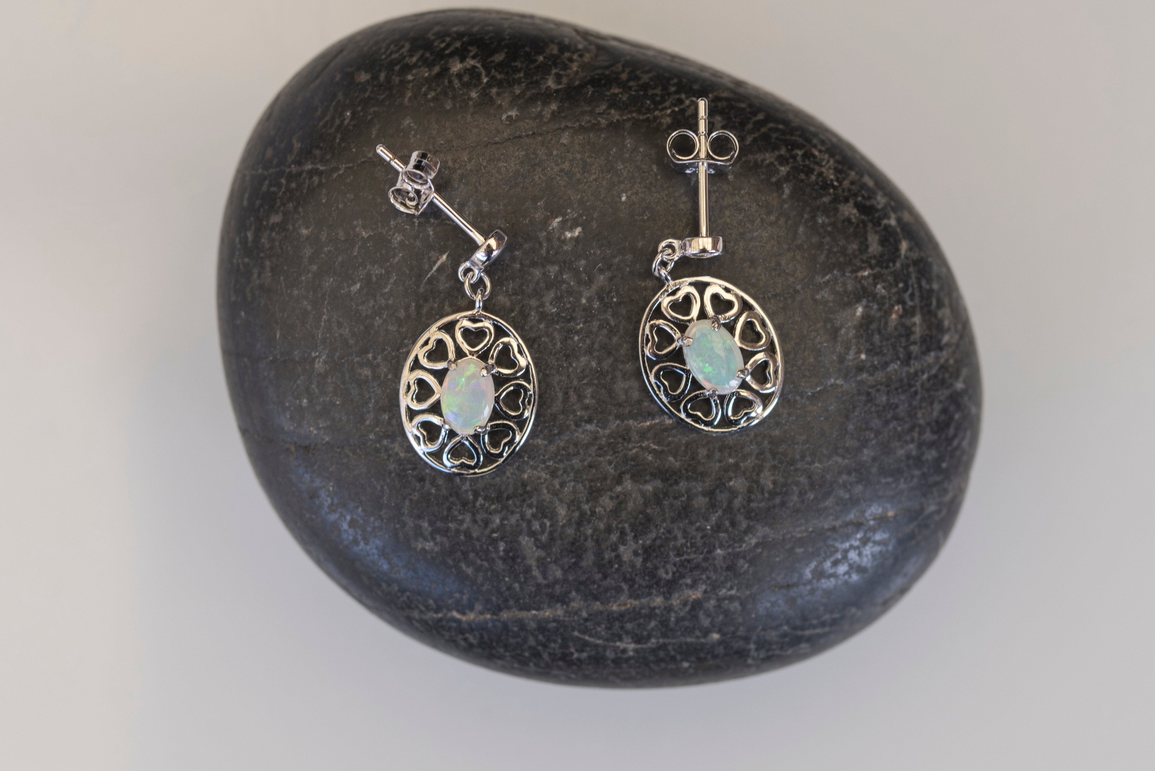 Genuine Australian Opal - Multi Color Fire Opal Earrings - Dangling Australian Solid White Opal Earrings in Sterling Silver White Gold Plated