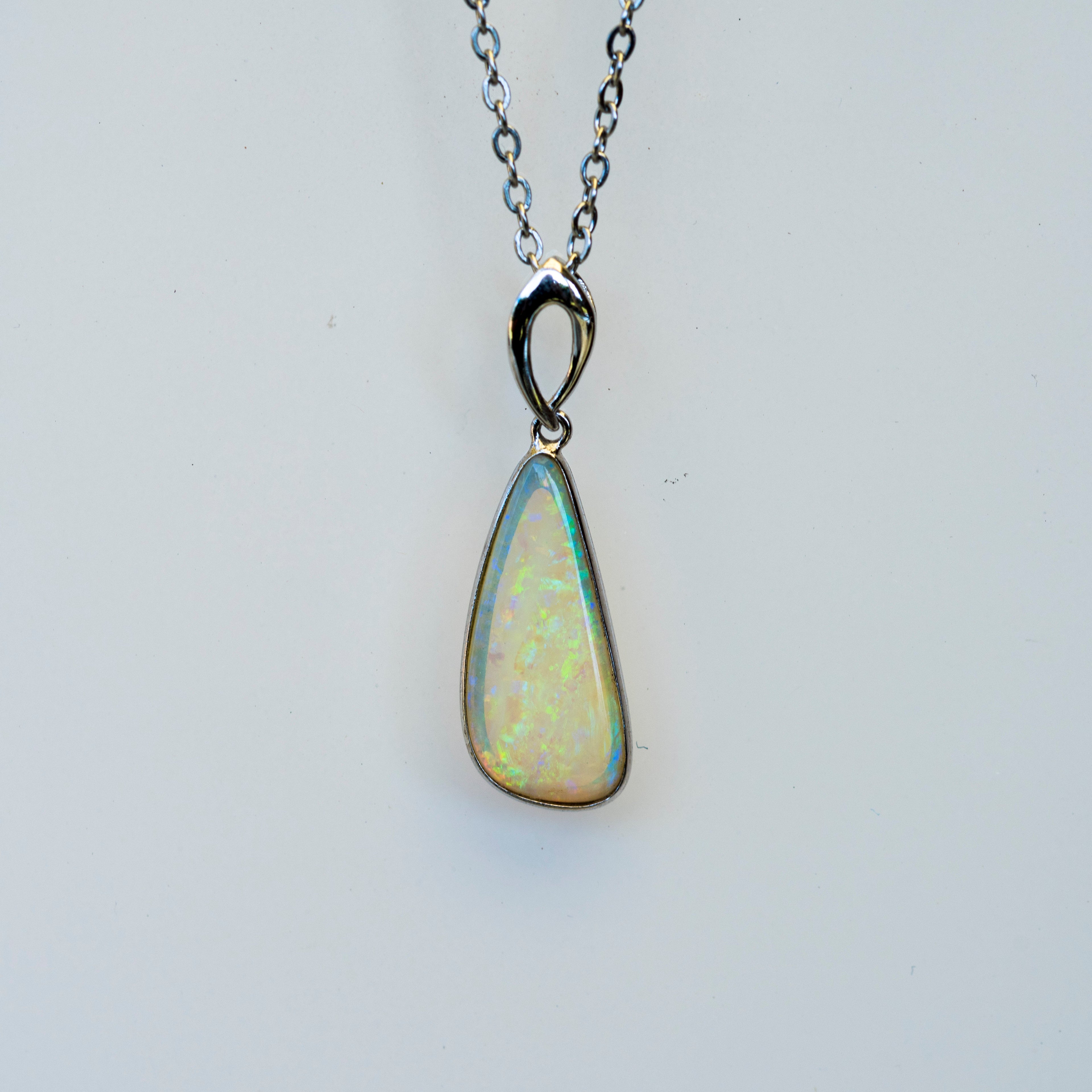 Australian White Crystal Opal - Genuine Authentic Multi Color Fire Opal Necklace -  Solid Opal Gem Stone Pendant in Sterling Silver White Gold Plated