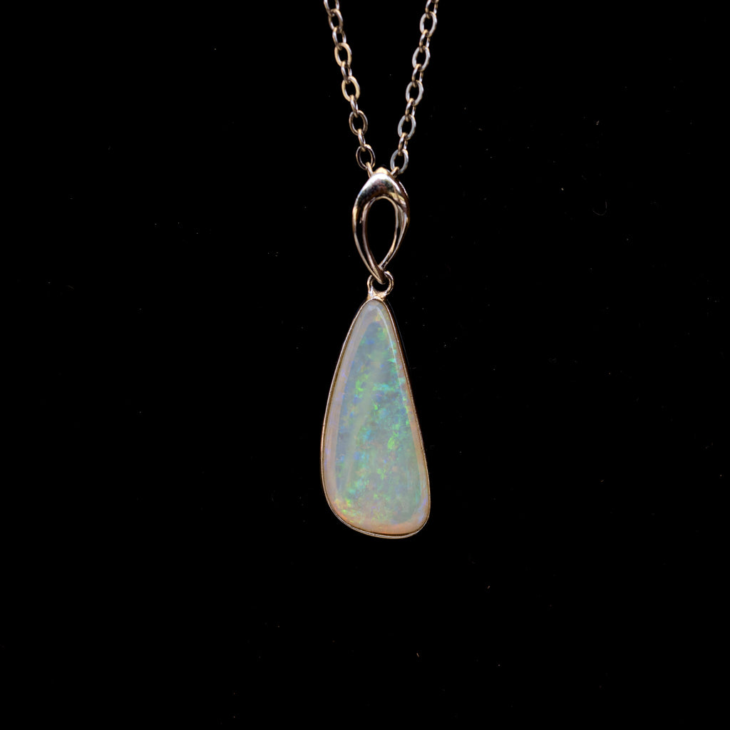 Australian White Crystal Opal - Genuine Authentic Multi Color Fire Opal Necklace -  Solid Opal Gem Stone Pendant in Sterling Silver White Gold Plated