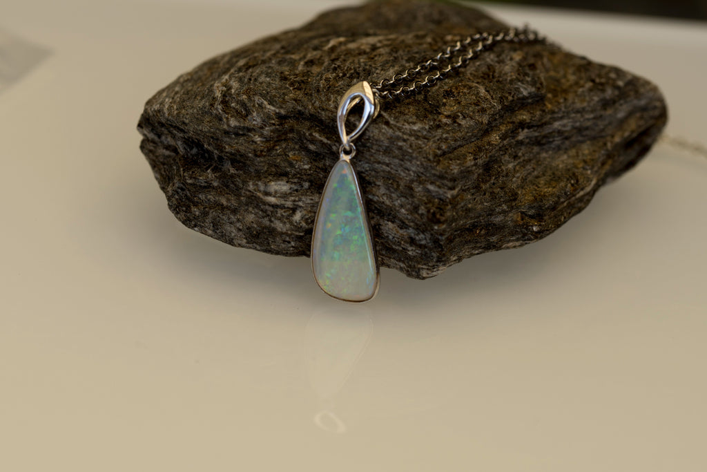 Australian White Crystal Opal - Genuine Authentic Multi Color Fire Opal Necklace -  Solid Opal Gem Stone Pendant in Sterling Silver White Gold Plated