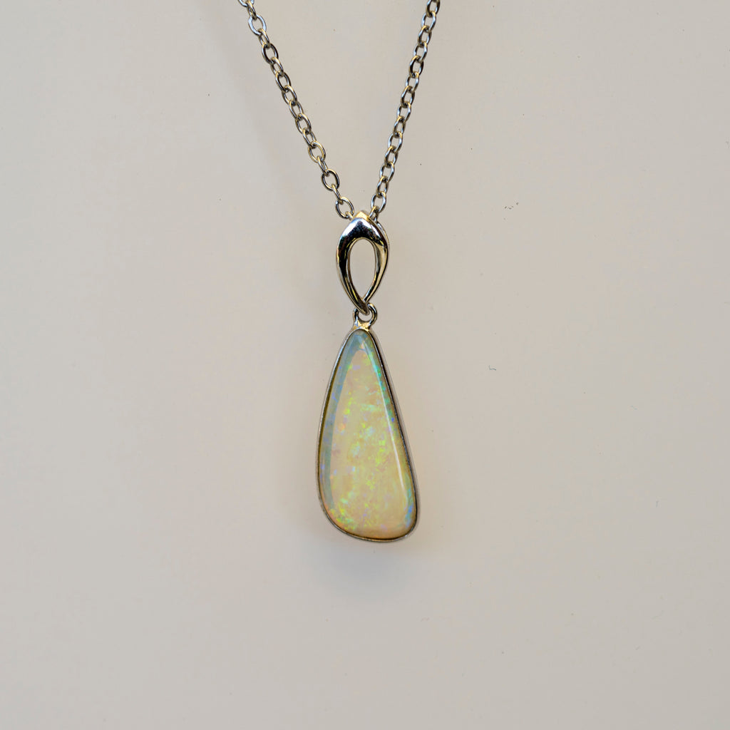 Australian White Crystal Opal - Genuine Authentic Multi Color Fire Opal Necklace -  Solid Opal Gem Stone Pendant in Sterling Silver White Gold Plated