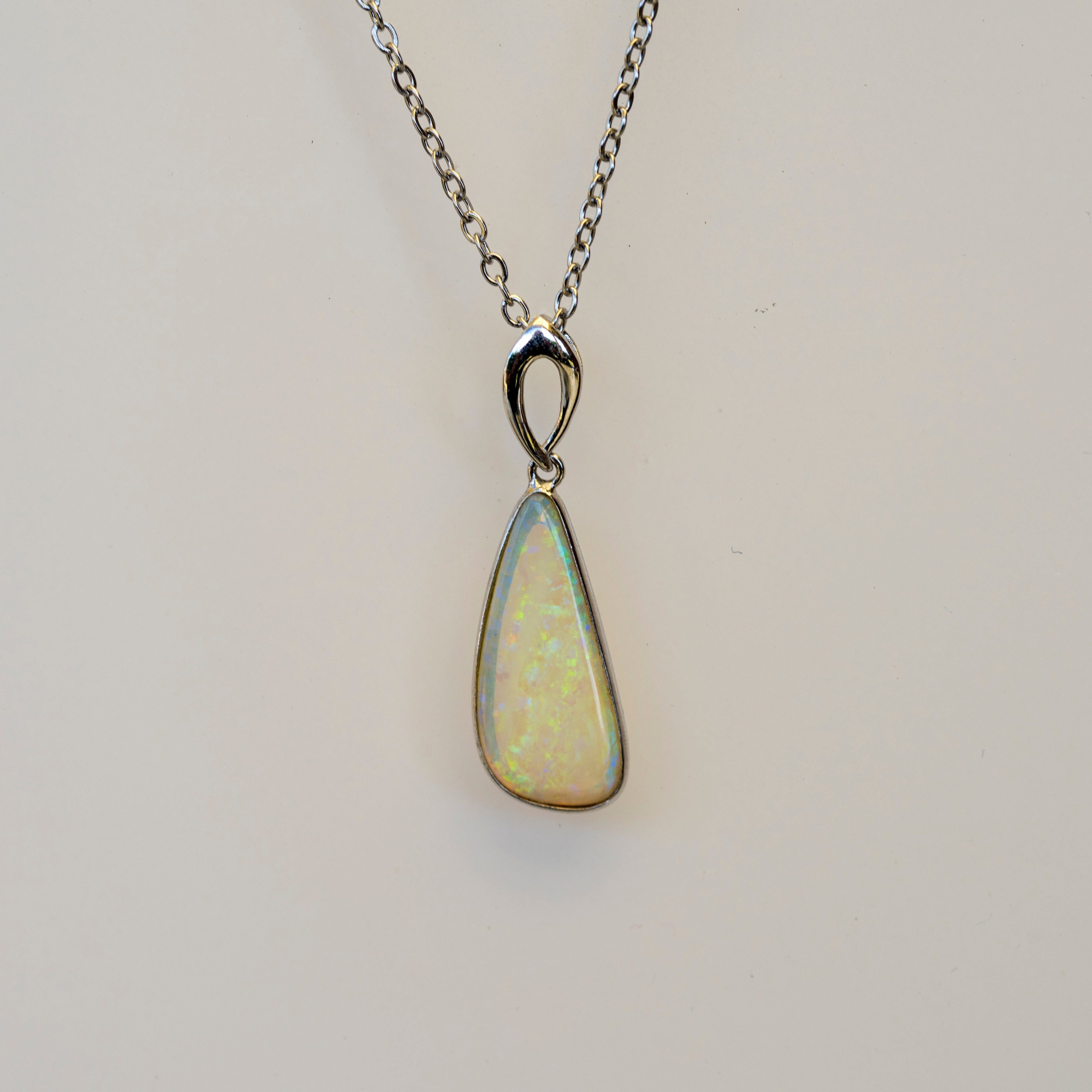 Australian White Crystal Opal - Genuine Authentic Multi Color Fire Opal Necklace -  Solid Opal Gem Stone Pendant in Sterling Silver White Gold Plated