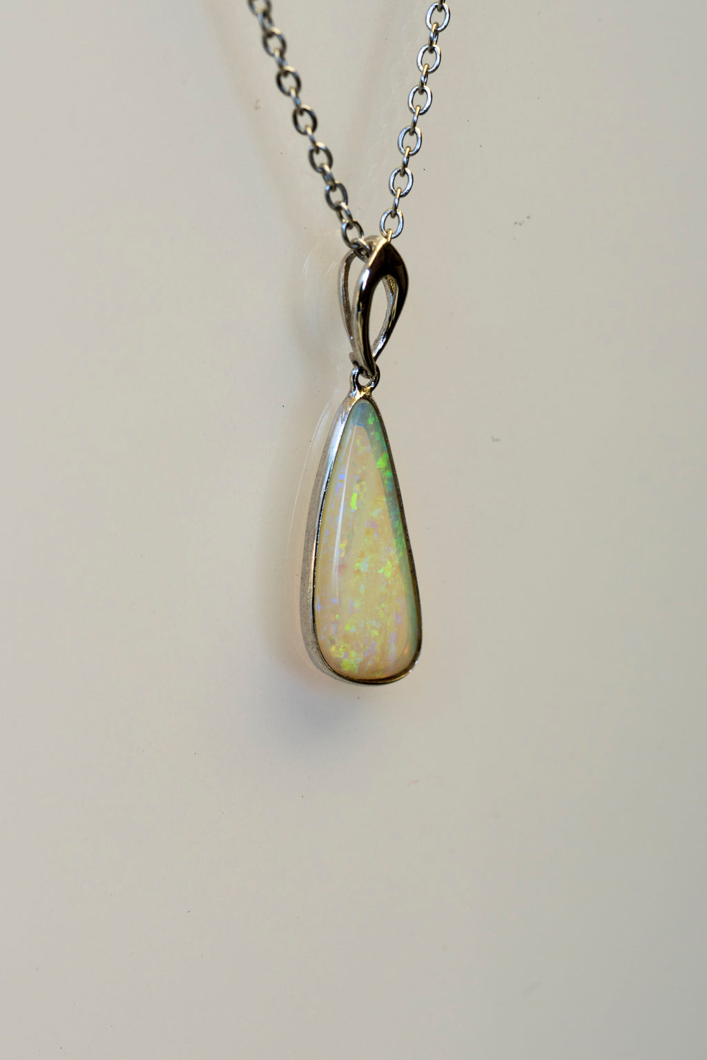Australian White Crystal Opal - Genuine Authentic Multi Color Fire Opal Necklace -  Solid Opal Gem Stone Pendant in Sterling Silver White Gold Plated