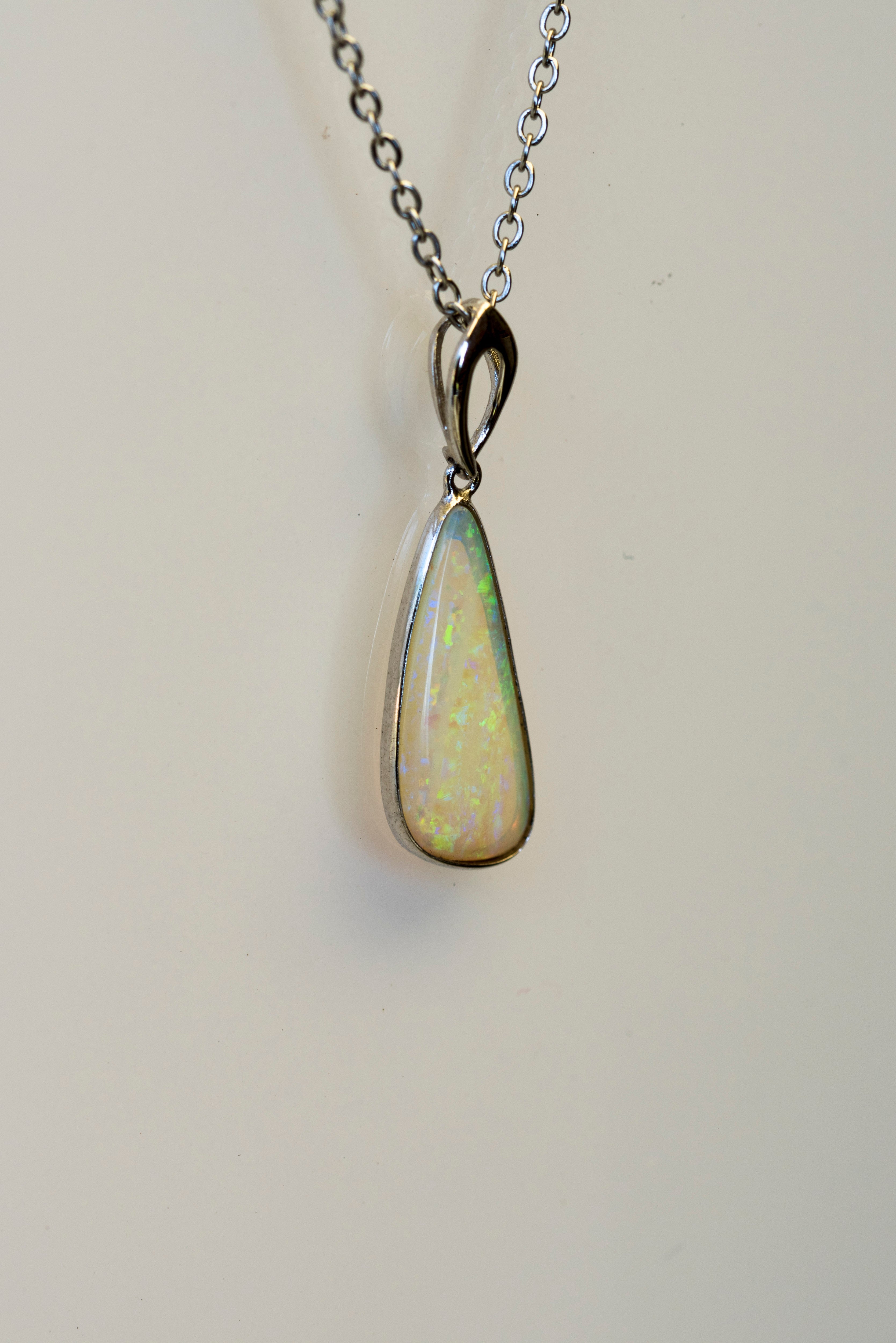 Australian White Crystal Opal - Genuine Authentic Multi Color Fire Opal Necklace -  Solid Opal Gem Stone Pendant in Sterling Silver White Gold Plated