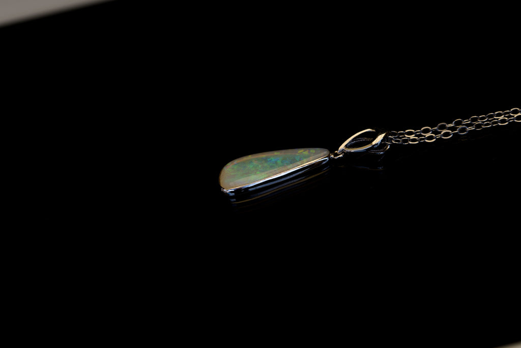 Australian White Crystal Opal - Genuine Authentic Multi Color Fire Opal Necklace -  Solid Opal Gem Stone Pendant in Sterling Silver White Gold Plated