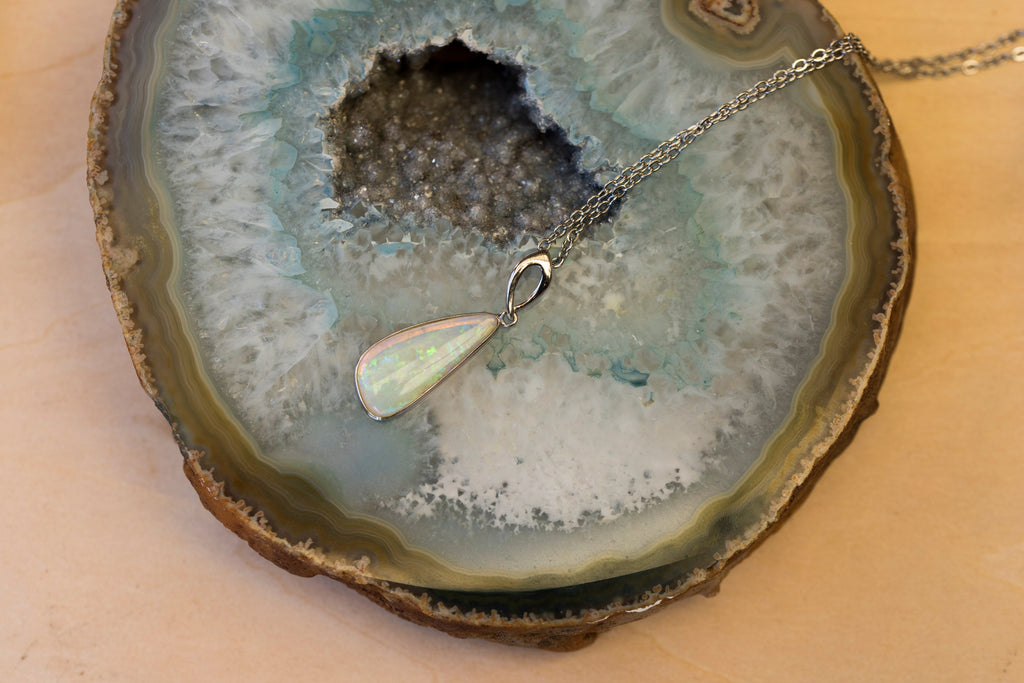 Australian White Crystal Opal - Genuine Authentic Multi Color Fire Opal Necklace -  Solid Opal Gem Stone Pendant in Sterling Silver White Gold Plated