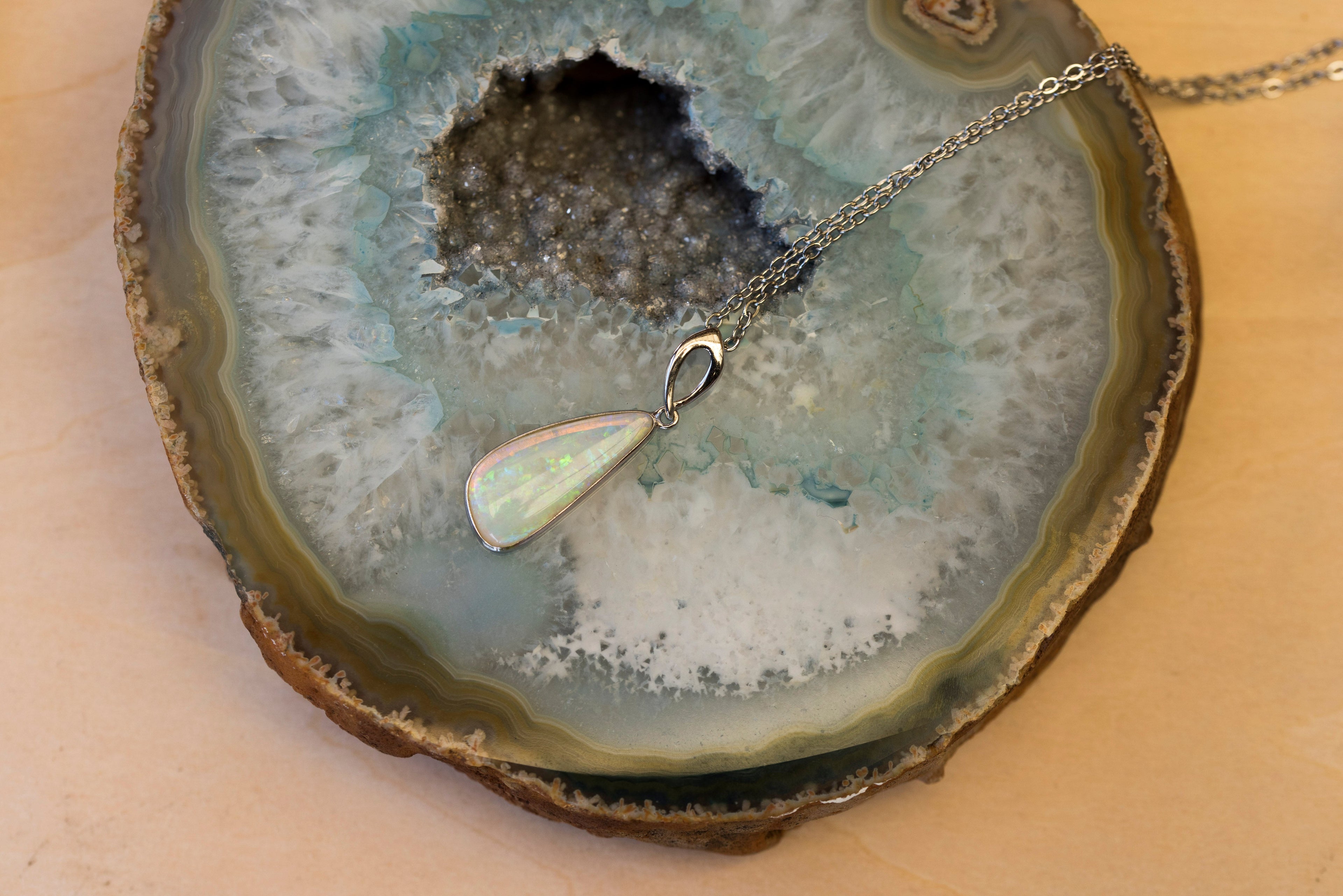 Australian White Crystal Opal - Genuine Authentic Multi Color Fire Opal Necklace -  Solid Opal Gem Stone Pendant in Sterling Silver White Gold Plated