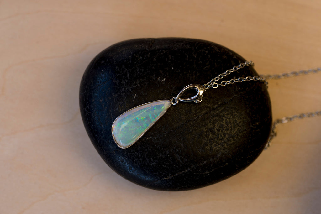 Australian White Crystal Opal - Genuine Authentic Multi Color Fire Opal Necklace -  Solid Opal Gem Stone Pendant in Sterling Silver White Gold Plated