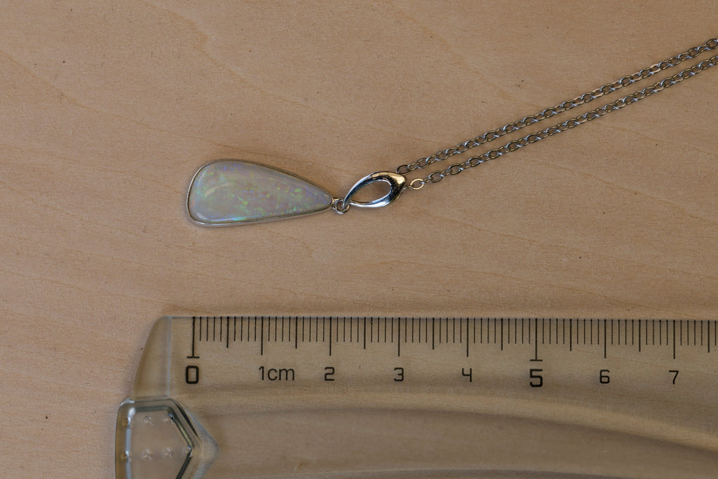 Australian White Crystal Opal - Genuine Authentic Multi Color Fire Opal Necklace -  Solid Opal Gem Stone Pendant in Sterling Silver White Gold Plated