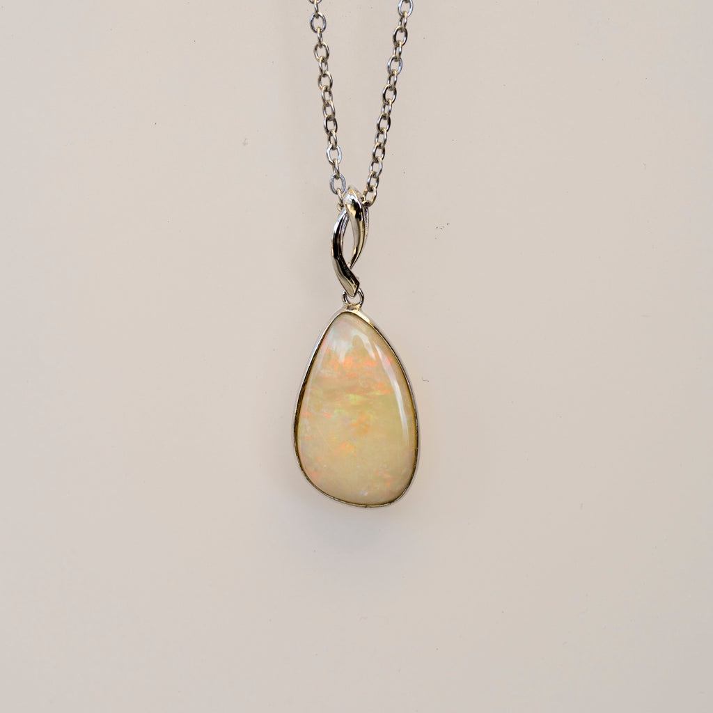 Australian Cystal White Opal - Genuine Authentic Multi Color Fire Opal Necklace - Solid Opal Gem Stone Pendant in Sterling Silver White Gold Plated