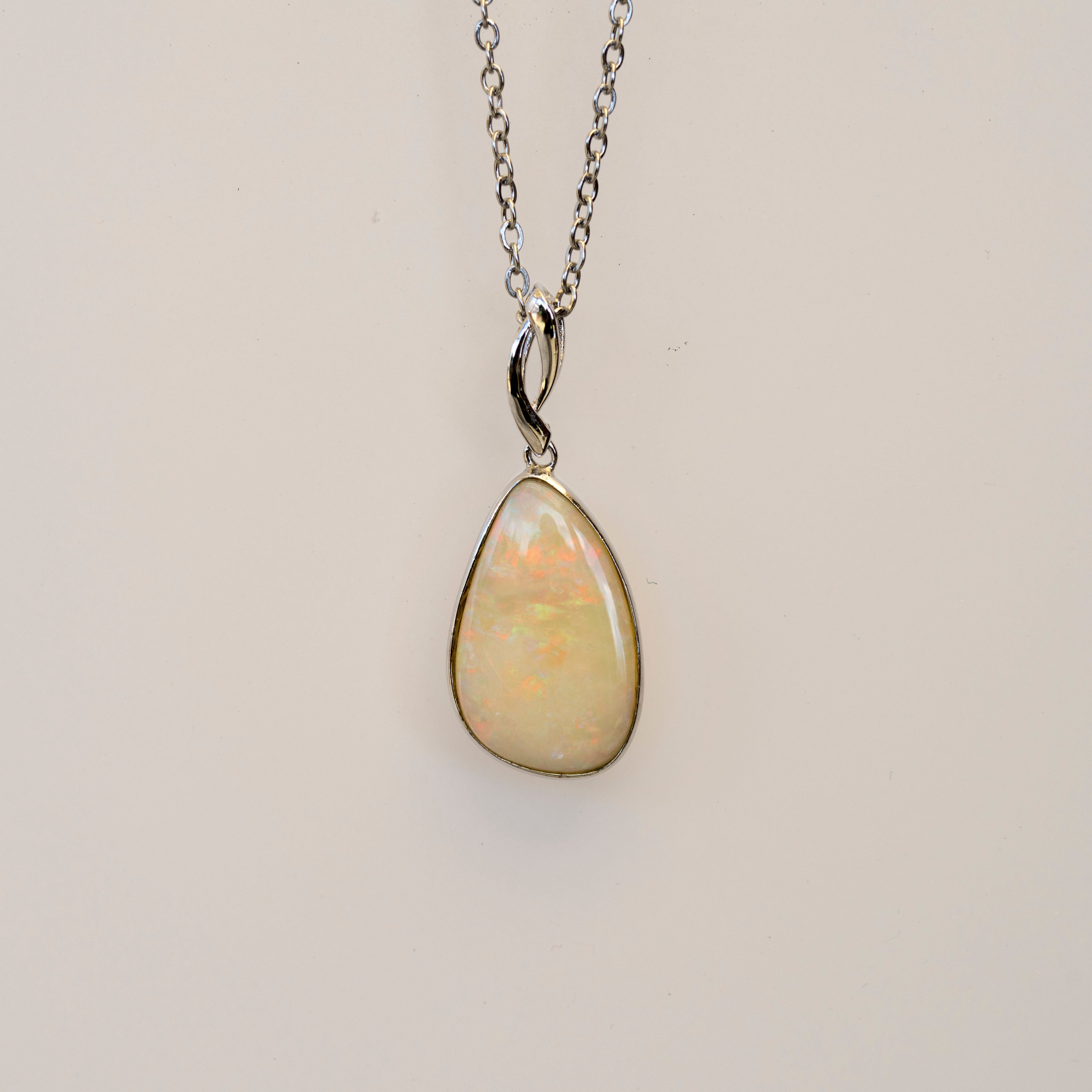 Australian Cystal White Opal - Genuine Authentic Multi Color Fire Opal Necklace - Solid Opal Gem Stone Pendant in Sterling Silver White Gold Plated