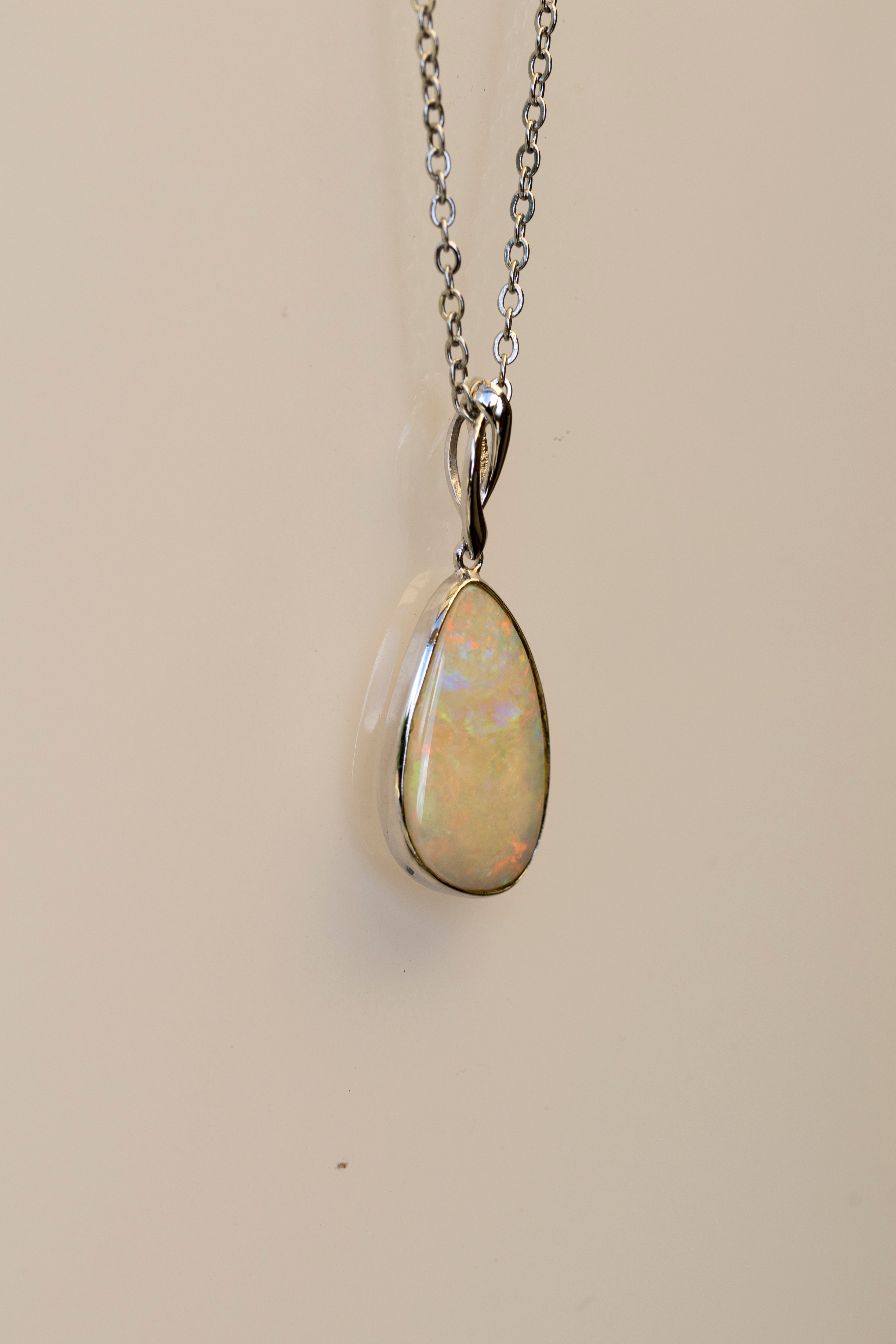 Australian Cystal White Opal - Genuine Authentic Multi Color Fire Opal Necklace - Solid Opal Gem Stone Pendant in Sterling Silver White Gold Plated