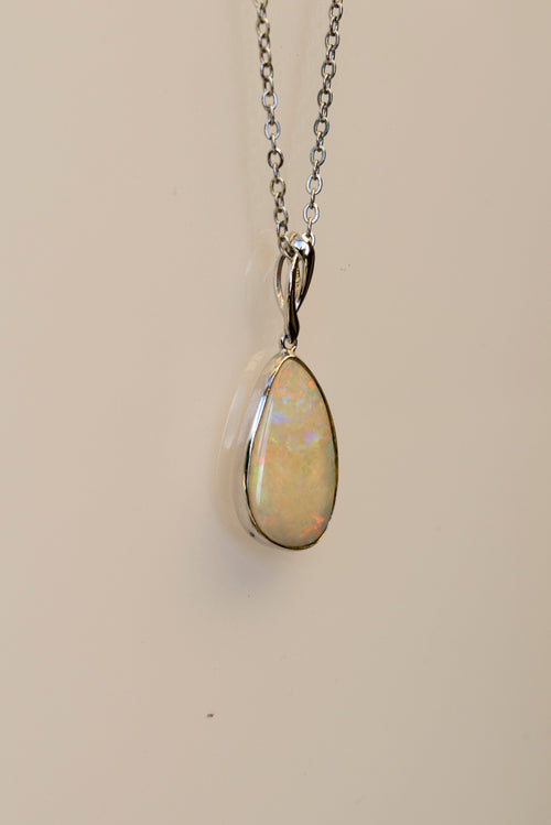 Australian Cystal White Opal - Genuine Authentic Multi Color Fire Opal Necklace - Solid Opal Gem Stone Pendant in Sterling Silver White Gold Plated
