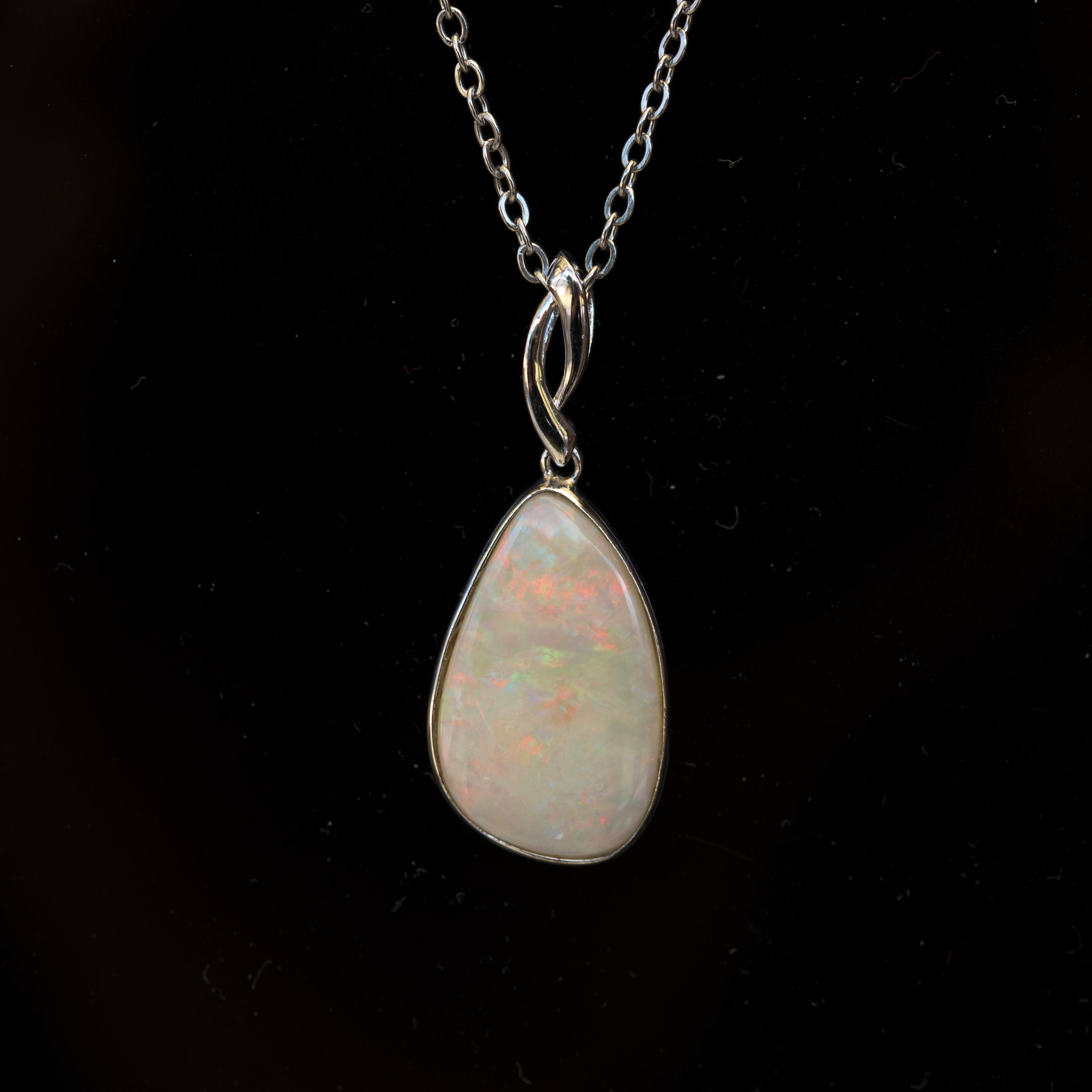 Australian Cystal White Opal - Genuine Authentic Multi Color Fire Opal Necklace - Solid Opal Gem Stone Pendant in Sterling Silver White Gold Plated
