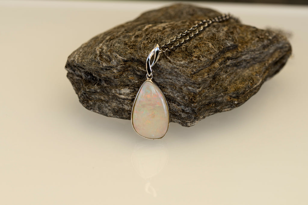 Australian Cystal White Opal - Genuine Authentic Multi Color Fire Opal Necklace - Solid Opal Gem Stone Pendant in Sterling Silver White Gold Plated