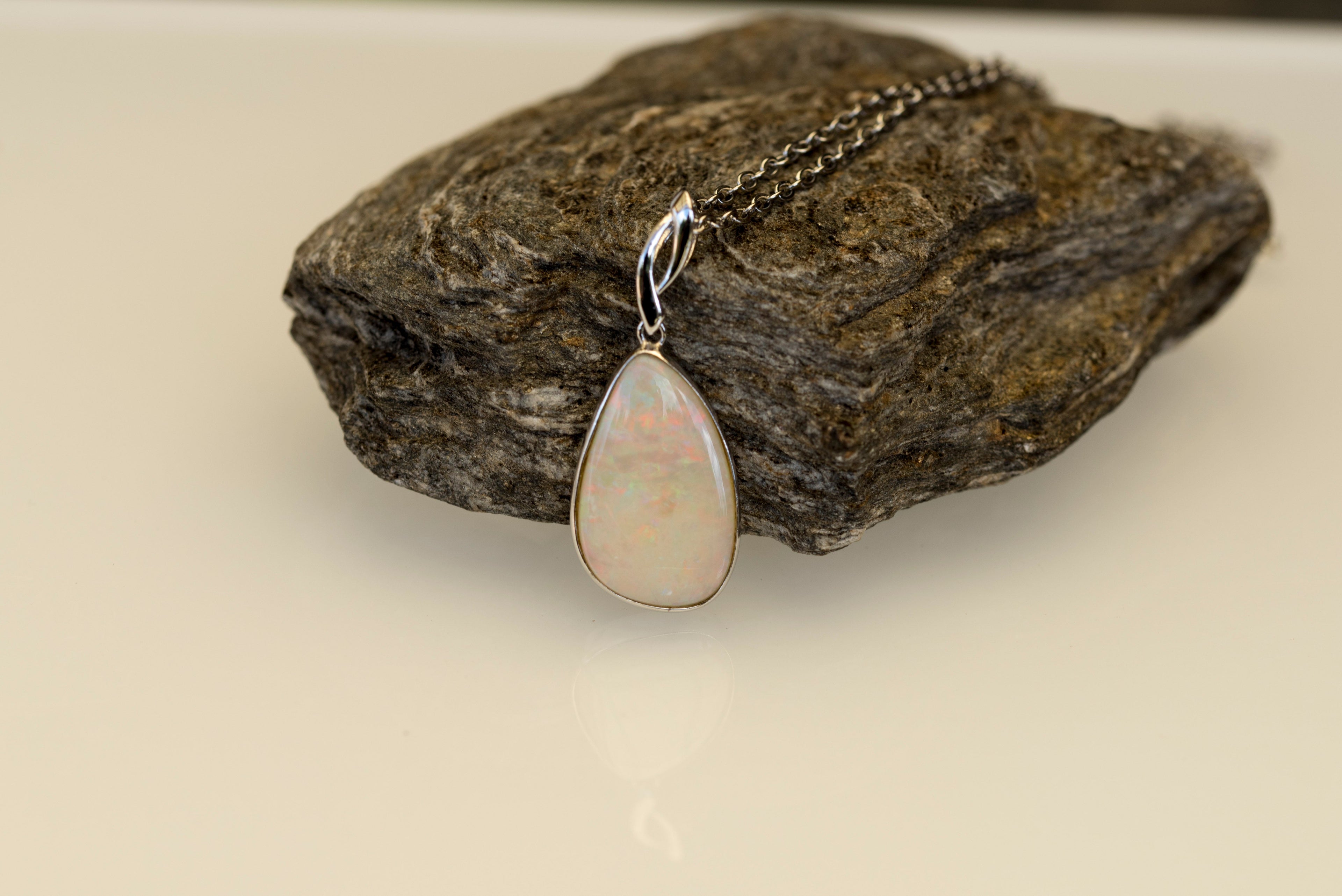 Australian Cystal White Opal - Genuine Authentic Multi Color Fire Opal Necklace - Solid Opal Gem Stone Pendant in Sterling Silver White Gold Plated