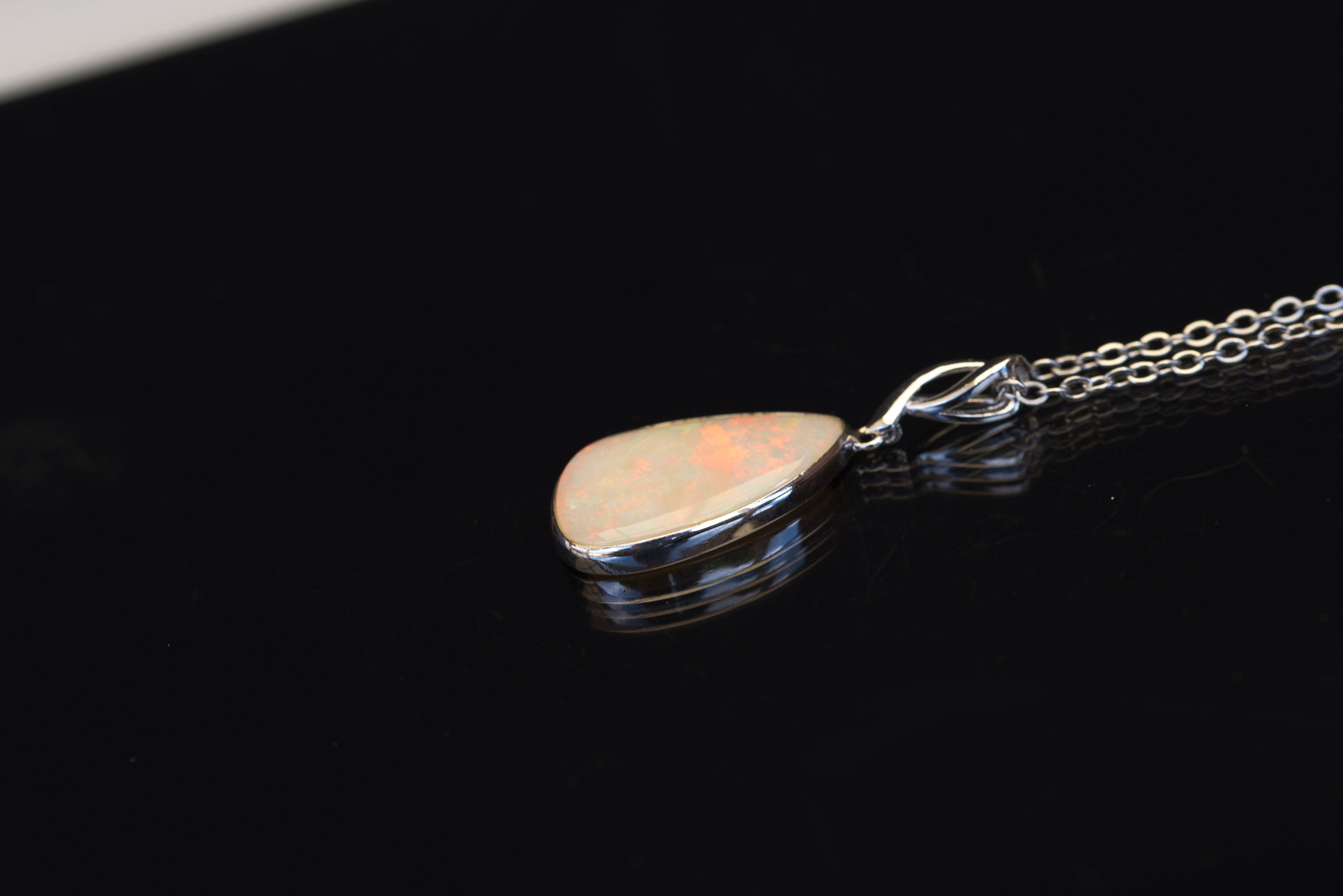 Australian Cystal White Opal - Genuine Authentic Multi Color Fire Opal Necklace - Solid Opal Gem Stone Pendant in Sterling Silver White Gold Plated