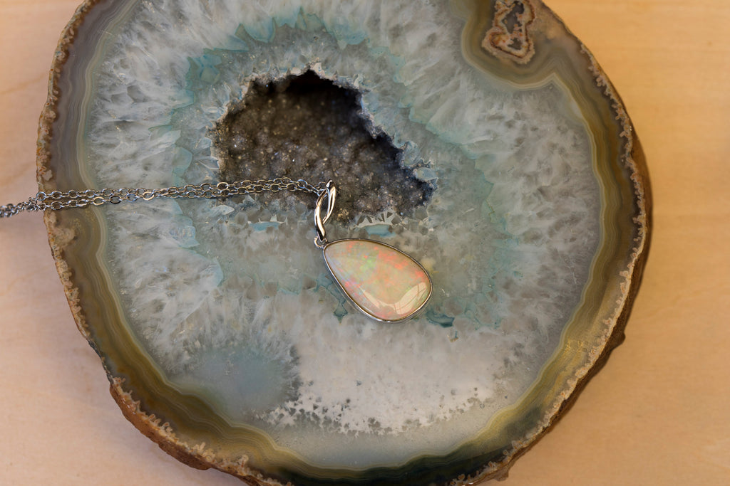 Australian Cystal White Opal - Genuine Authentic Multi Color Fire Opal Necklace - Solid Opal Gem Stone Pendant in Sterling Silver White Gold Plated