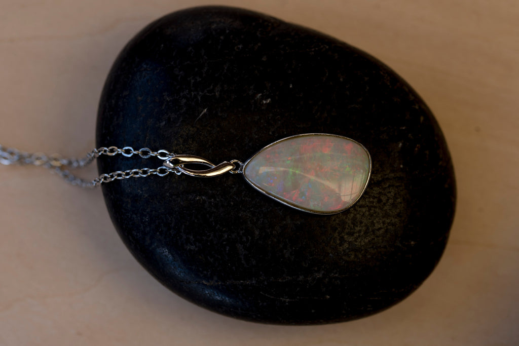 Australian Cystal White Opal - Genuine Authentic Multi Color Fire Opal Necklace - Solid Opal Gem Stone Pendant in Sterling Silver White Gold Plated