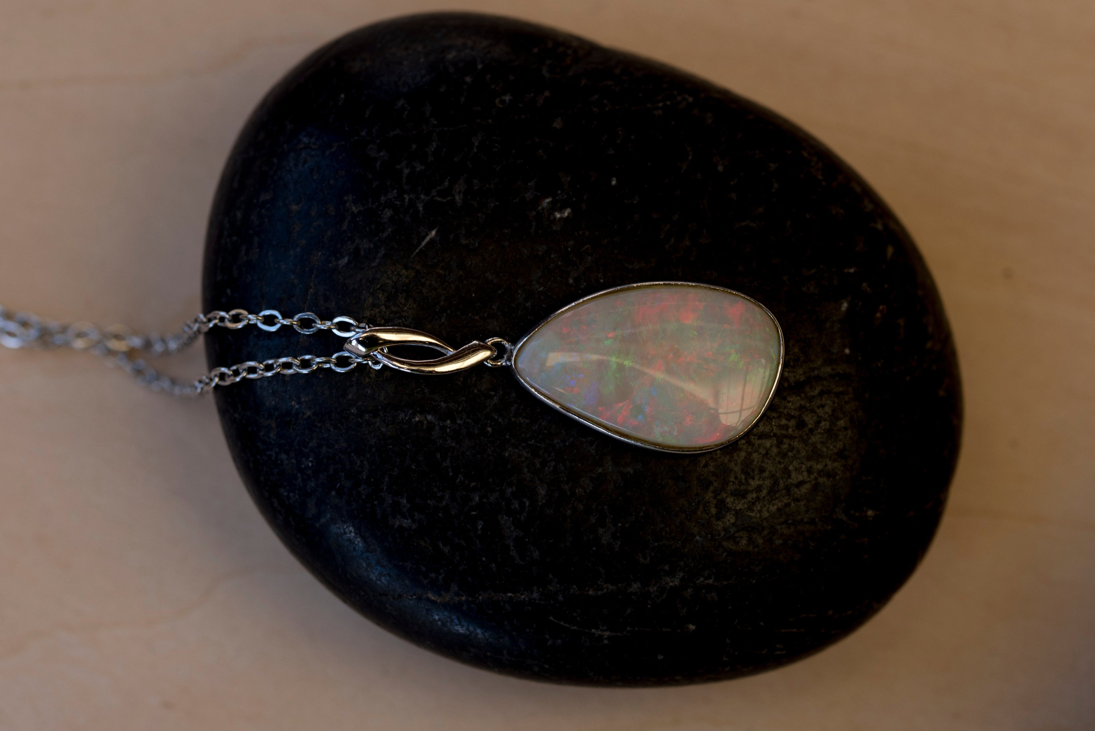 Australian Cystal White Opal - Genuine Authentic Multi Color Fire Opal Necklace - Solid Opal Gem Stone Pendant in Sterling Silver White Gold Plated