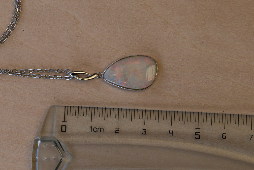 Australian Cystal White Opal - Genuine Authentic Multi Color Fire Opal Necklace - Solid Opal Gem Stone Pendant in Sterling Silver White Gold Plated
