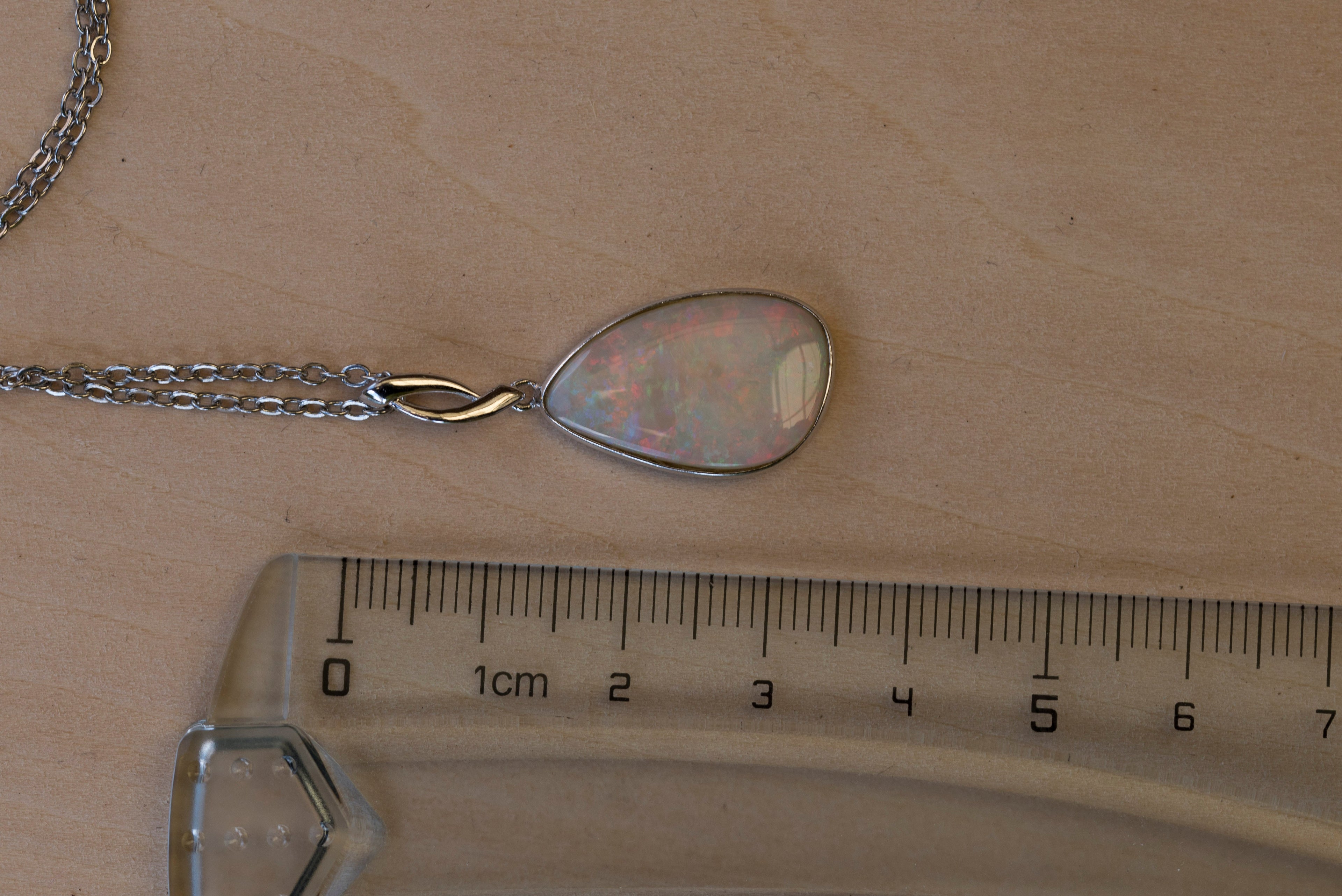 Australian Cystal White Opal - Genuine Authentic Multi Color Fire Opal Necklace - Solid Opal Gem Stone Pendant in Sterling Silver White Gold Plated