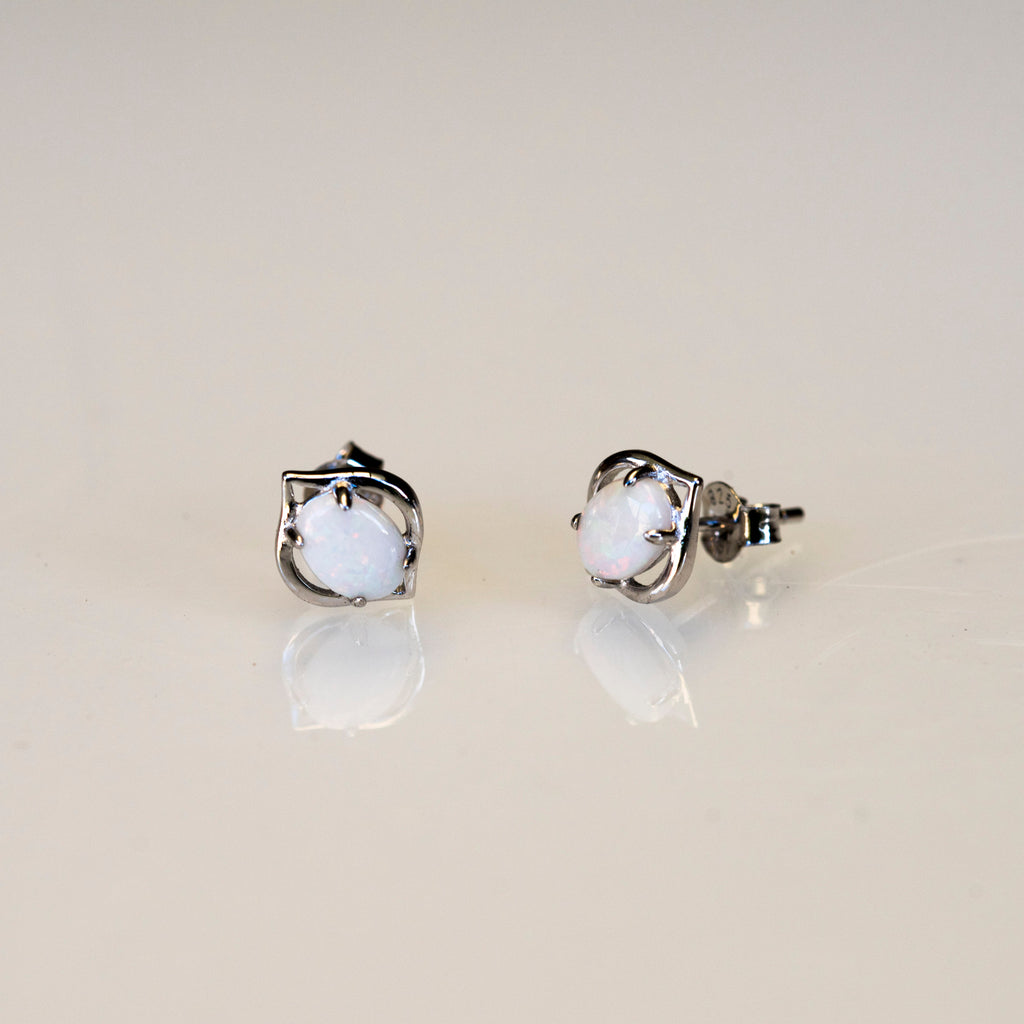 Natural Australian Opal Earrings - Authentic Australian Solid White Opal Earrings in Sterling Silver White Gold Plated