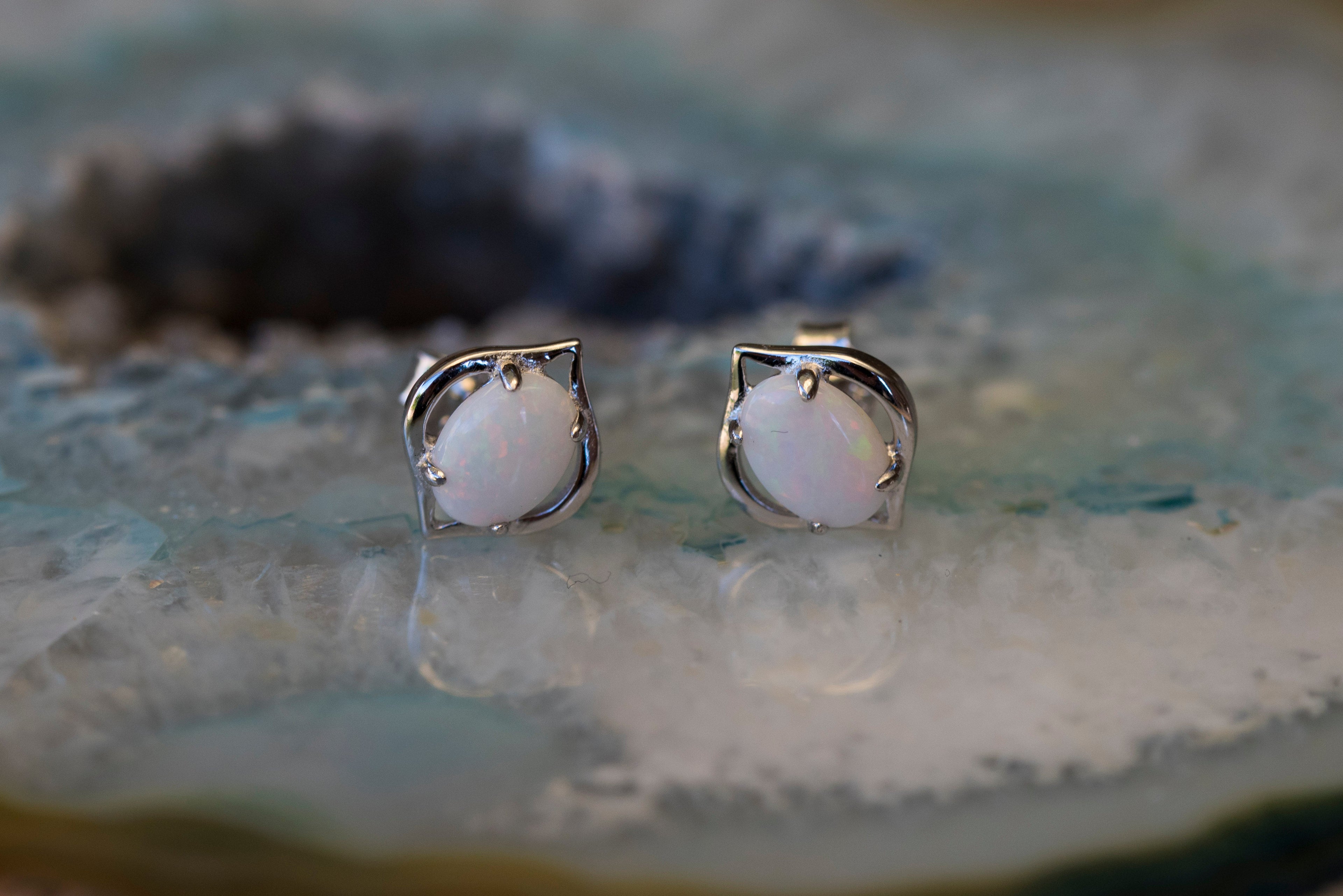 Natural Australian Opal Earrings - Authentic Australian Solid White Opal Earrings in Sterling Silver White Gold Plated