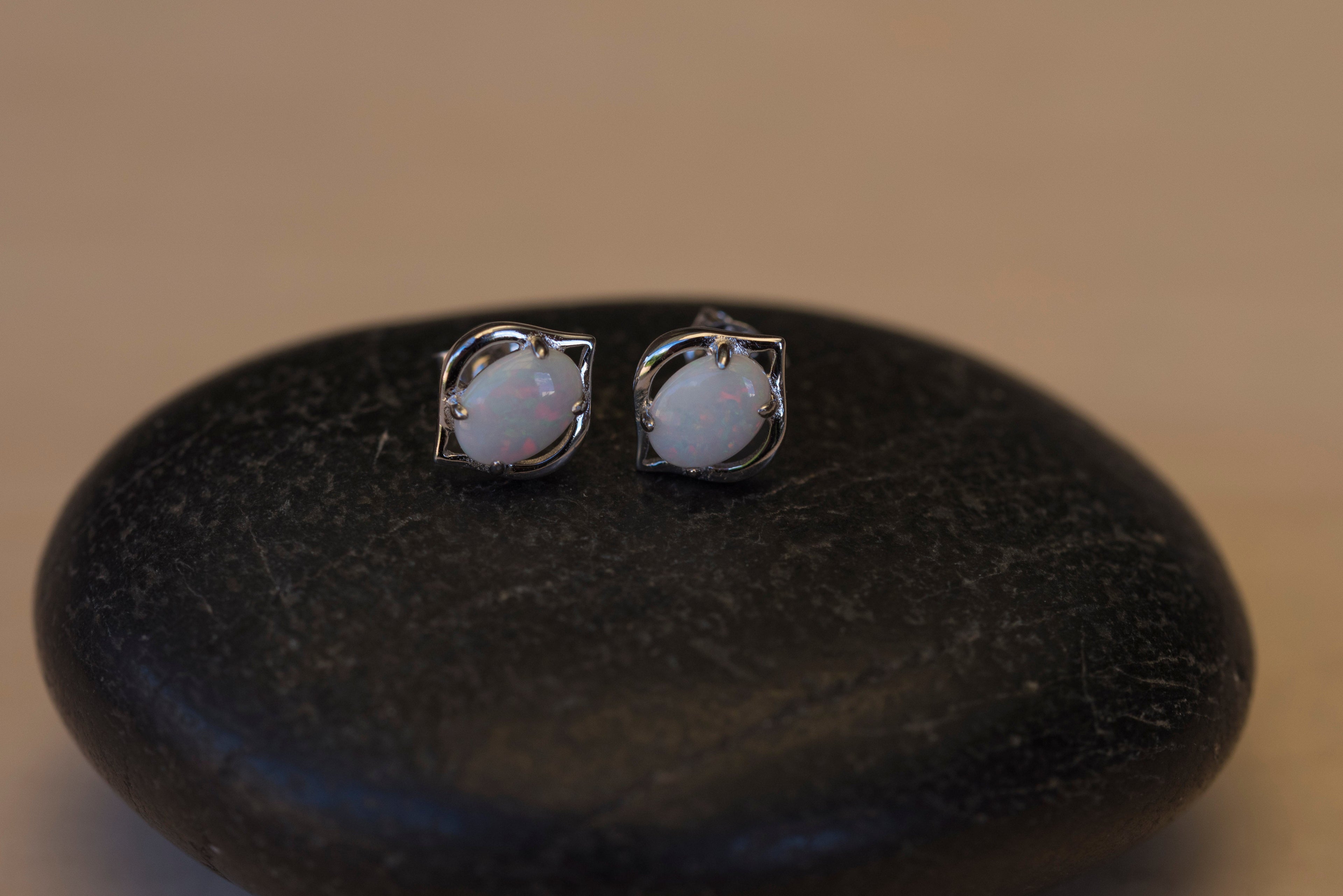 Natural Australian Opal Earrings - Authentic Australian Solid White Opal Earrings in Sterling Silver White Gold Plated