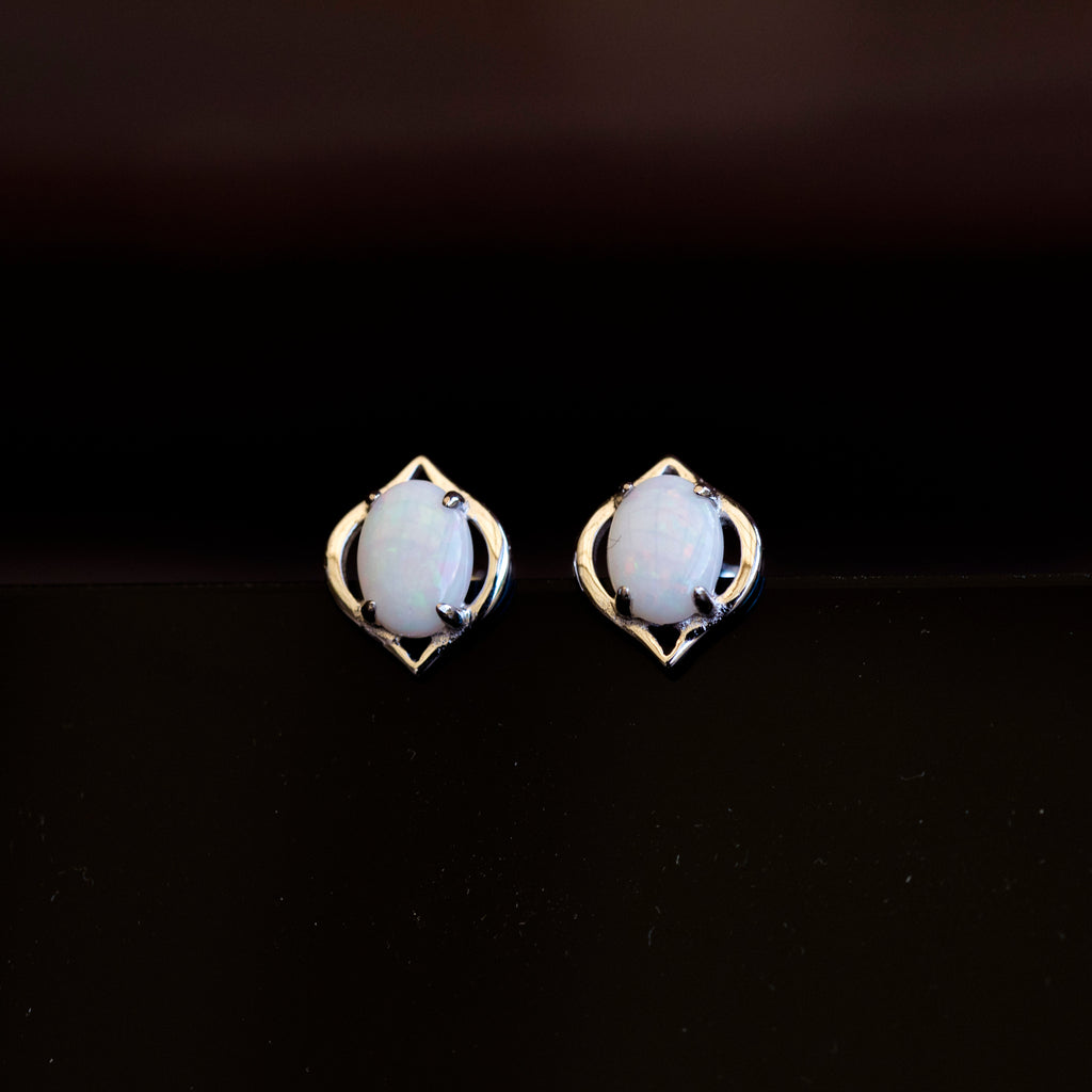 Natural Australian Opal Earrings - Authentic Australian Solid White Opal Earrings in Sterling Silver White Gold Plated