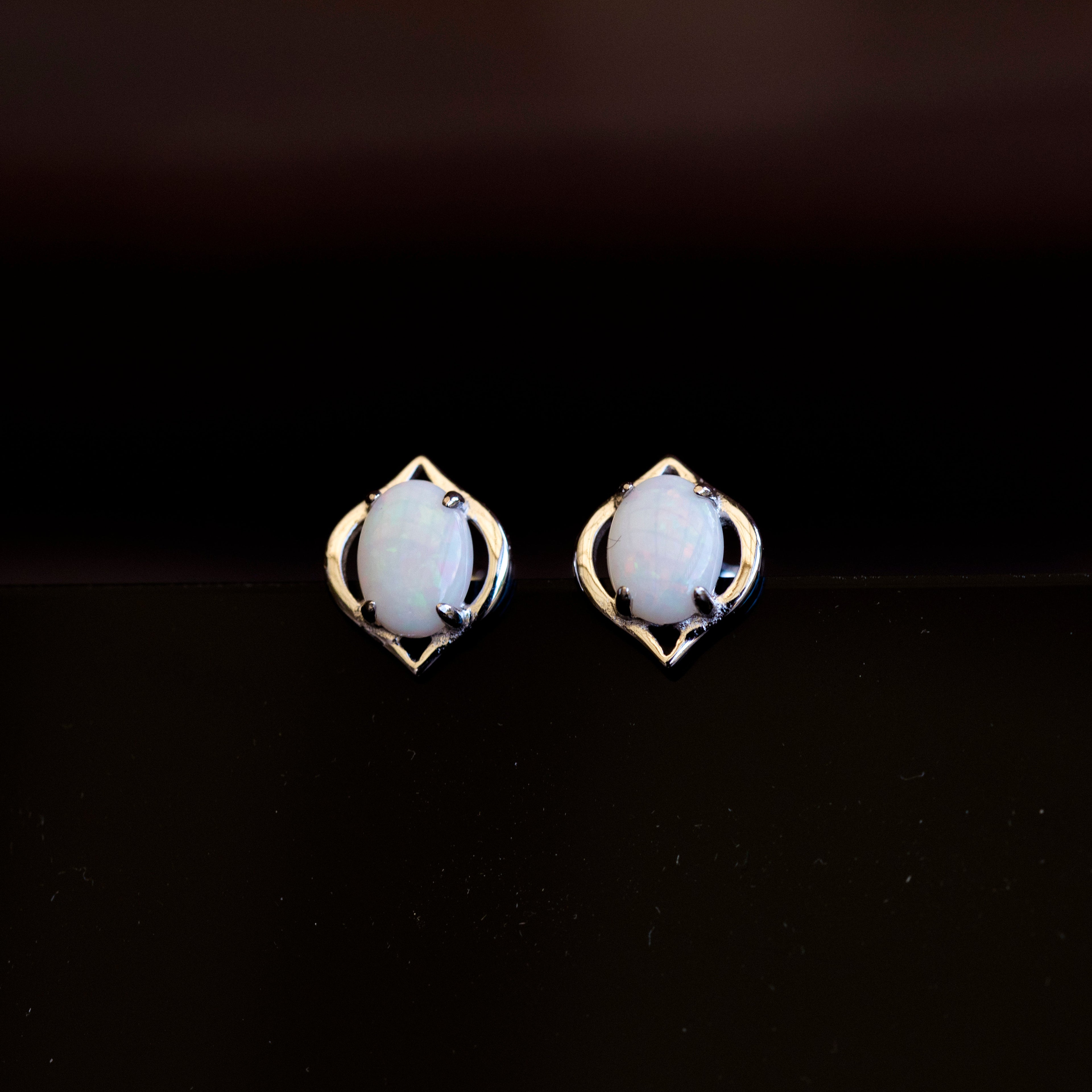 Natural Australian Opal Earrings - Authentic Australian Solid White Opal Earrings in Sterling Silver White Gold Plated