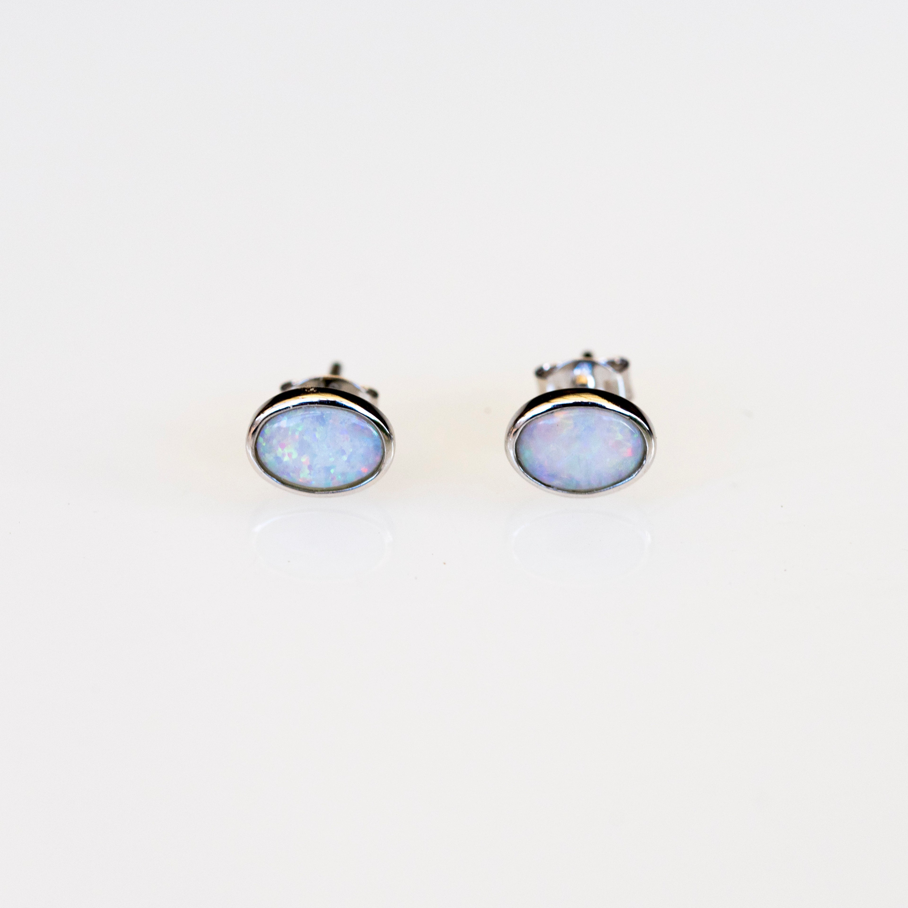 Genuine Australian Opal - Multi Color Fire Opal Earrings - Authentic Australian Solid White Opal Earrings in Sterling Silver White Gold Plated