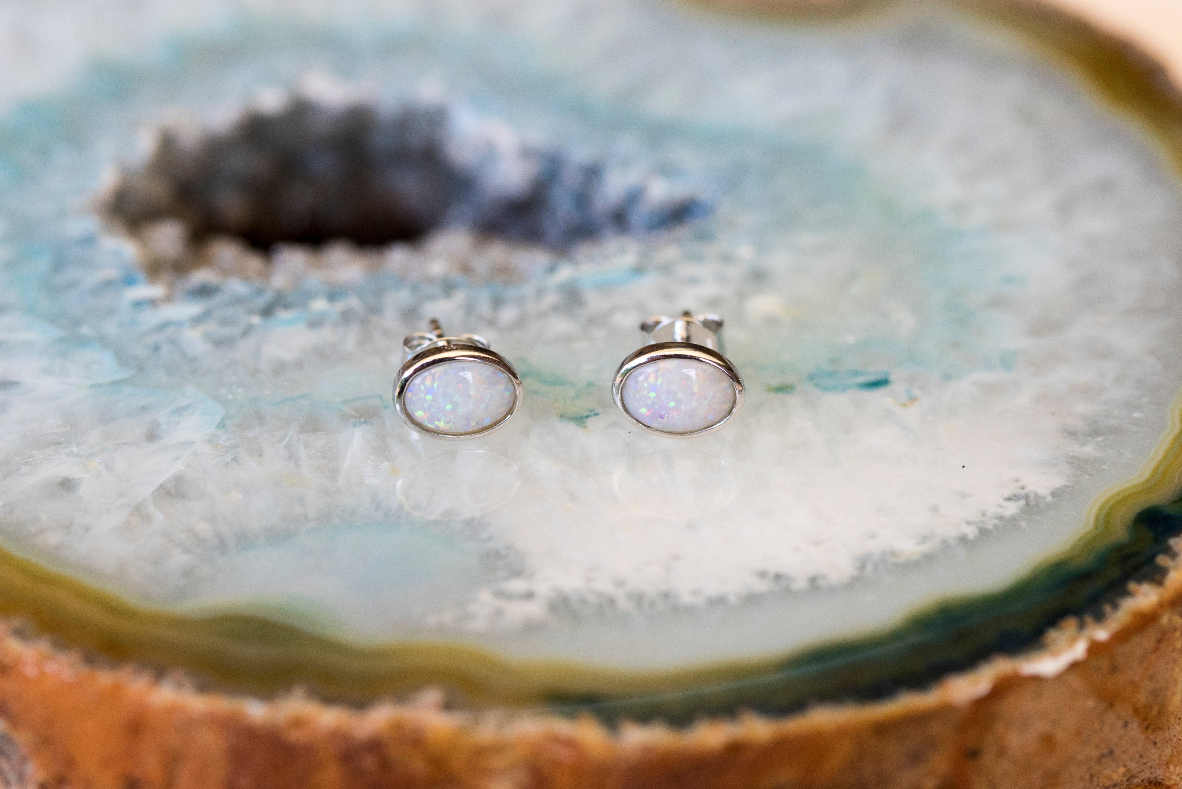 Genuine Australian Opal - Multi Color Fire Opal Earrings - Authentic Australian Solid White Opal Earrings in Sterling Silver White Gold Plated