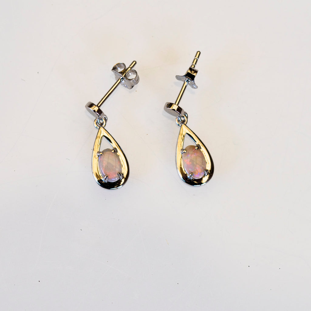 Genuine Australian Opal - Multi Color Dangling Opal Earrings - Authentic Australian Solid White Opal Earrings in Sterling Silver White Gold Plated
