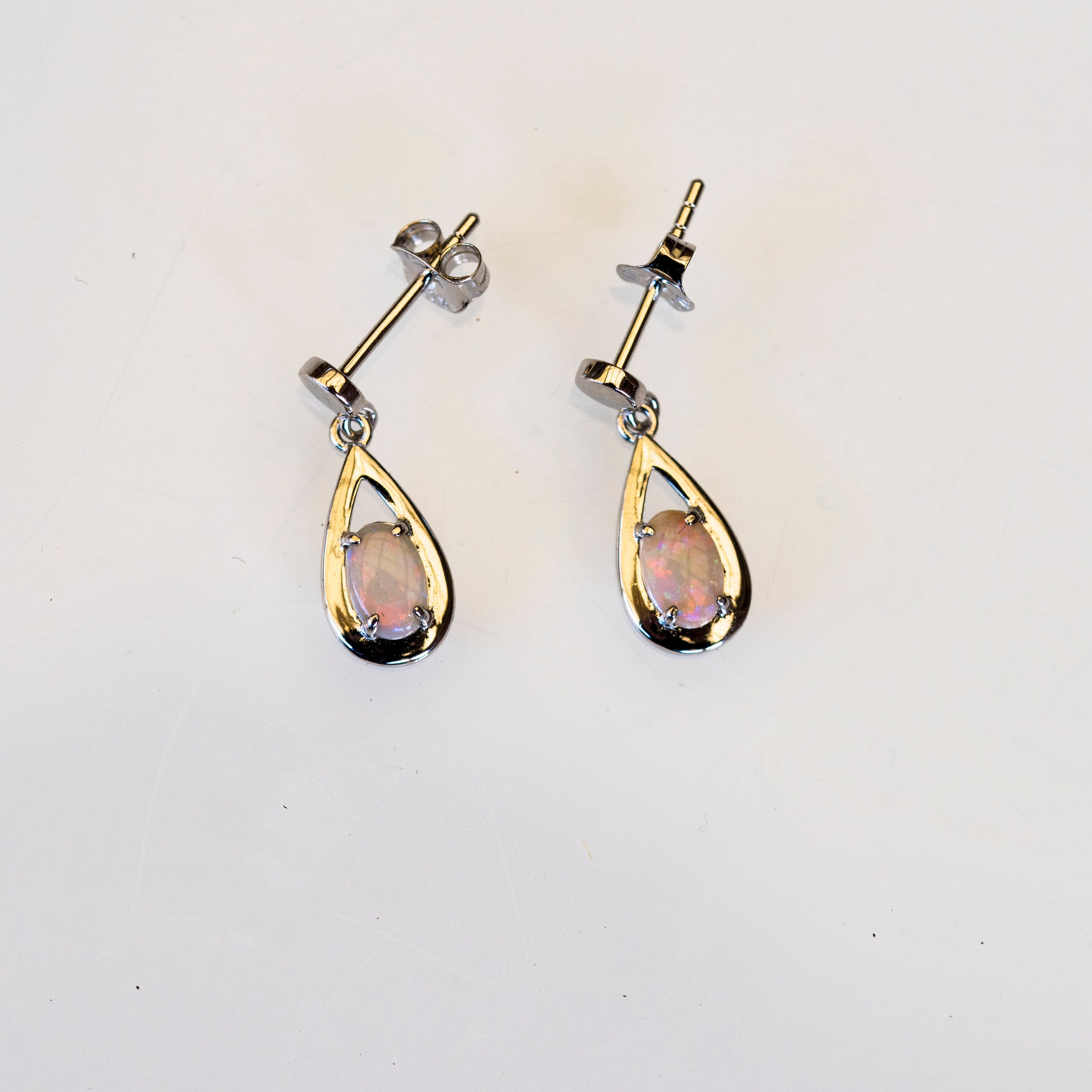 Genuine Australian Opal - Multi Color Dangling Opal Earrings - Authentic Australian Solid White Opal Earrings in Sterling Silver White Gold Plated