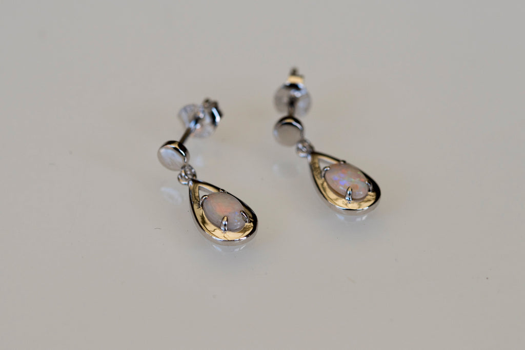 Genuine Australian Opal - Multi Color Dangling Opal Earrings - Authentic Australian Solid White Opal Earrings in Sterling Silver White Gold Plated