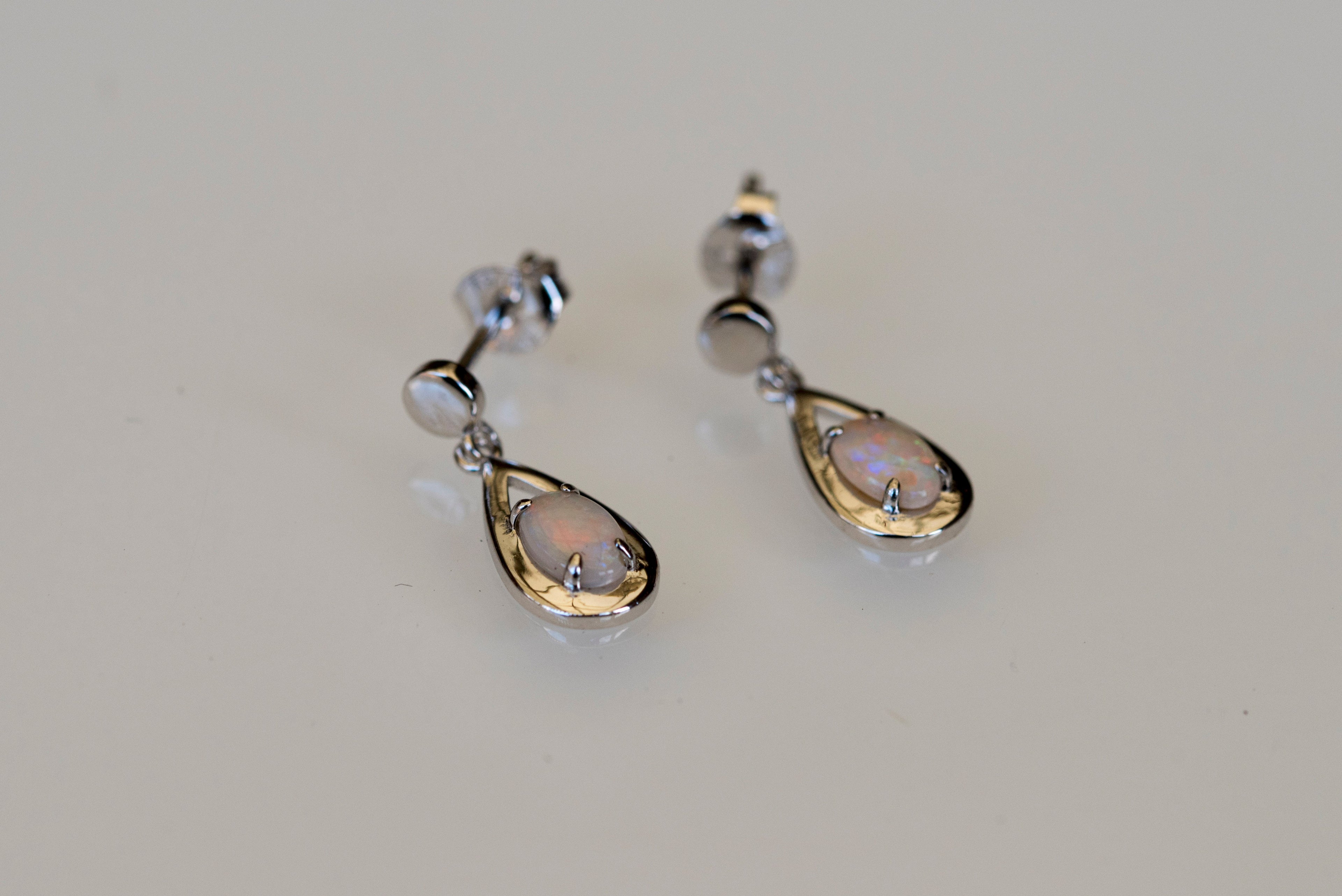Genuine Australian Opal - Multi Color Dangling Opal Earrings - Authentic Australian Solid White Opal Earrings in Sterling Silver White Gold Plated