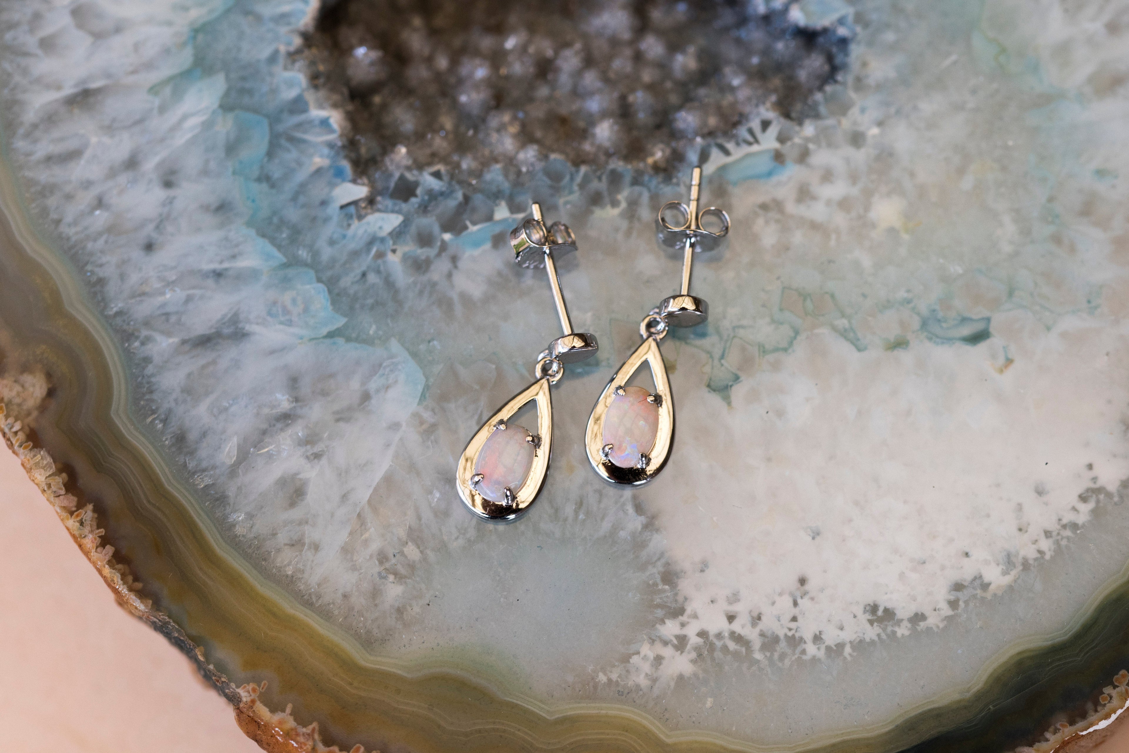 Genuine Australian Opal - Multi Color Dangling Opal Earrings - Authentic Australian Solid White Opal Earrings in Sterling Silver White Gold Plated