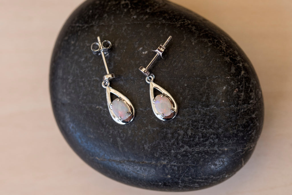 Genuine Australian Opal - Multi Color Dangling Opal Earrings - Authentic Australian Solid White Opal Earrings in Sterling Silver White Gold Plated