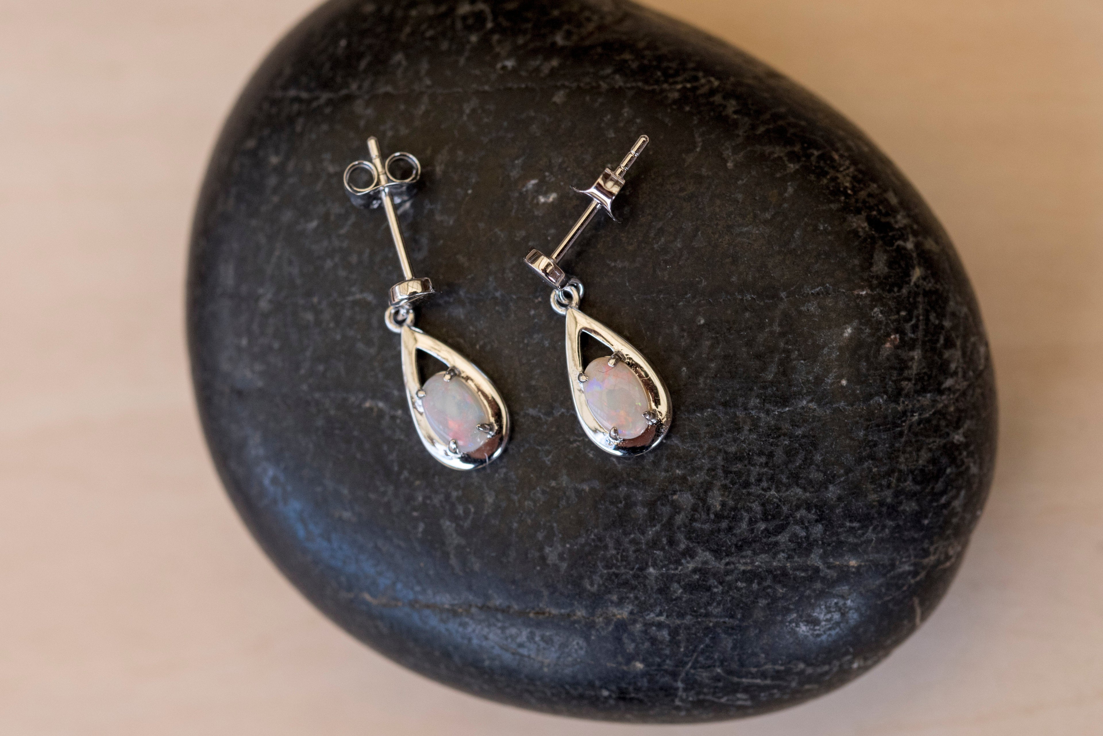 Genuine Australian Opal - Multi Color Dangling Opal Earrings - Authentic Australian Solid White Opal Earrings in Sterling Silver White Gold Plated