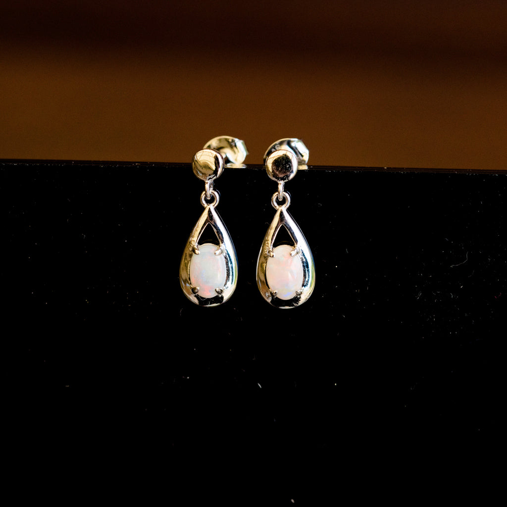 Genuine Australian Opal - Multi Color Dangling Opal Earrings - Authentic Australian Solid White Opal Earrings in Sterling Silver White Gold Plated