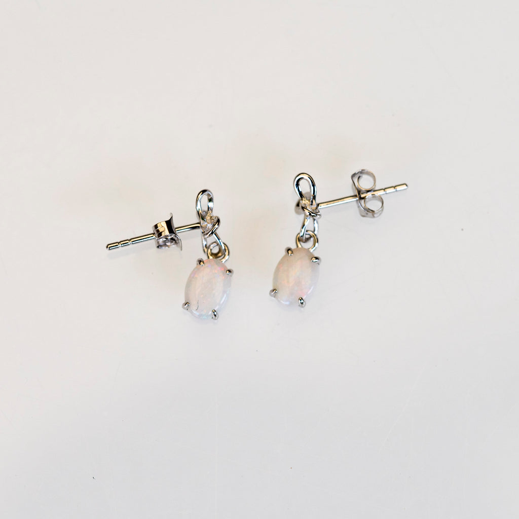 Natural Australian Opal Jewelry - Authentic Australian Solid White Opal Earrings in Sterling Silver White Gold Plated