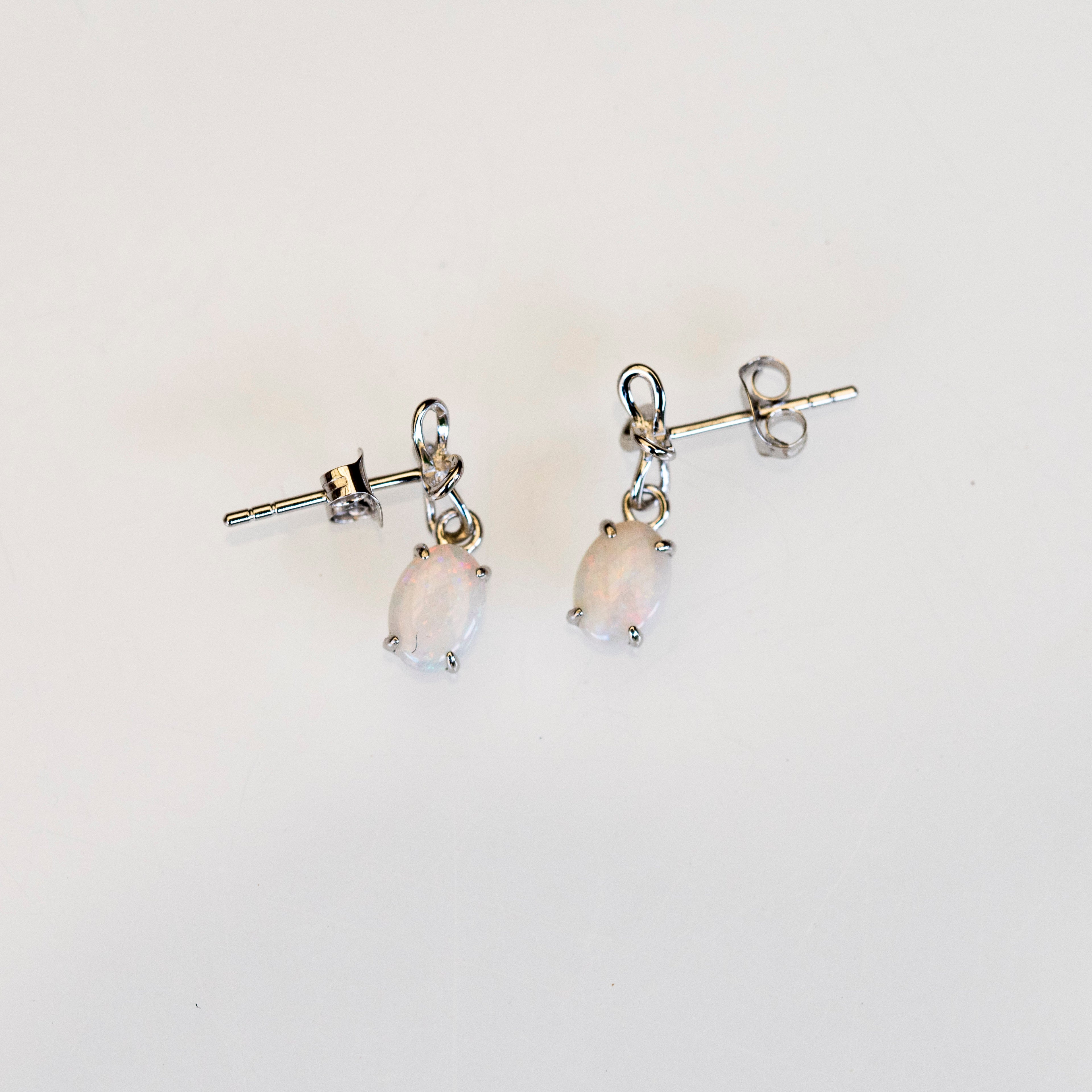 Natural Australian Opal Jewelry - Authentic Australian Solid White Opal Earrings in Sterling Silver White Gold Plated