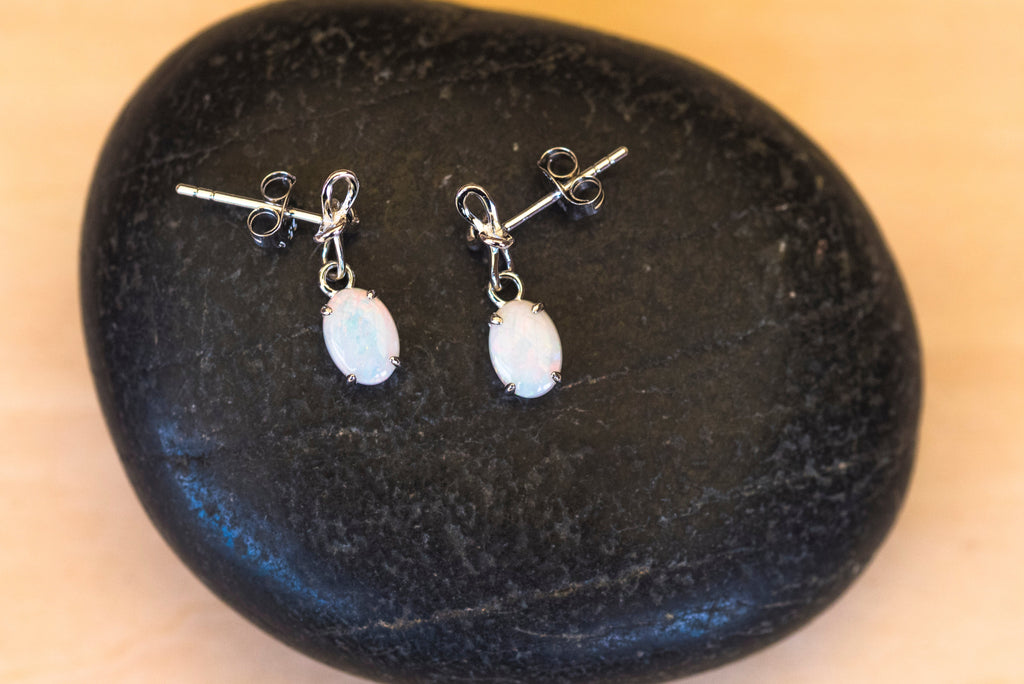 Natural Australian Opal Jewelry - Authentic Australian Solid White Opal Earrings in Sterling Silver White Gold Plated