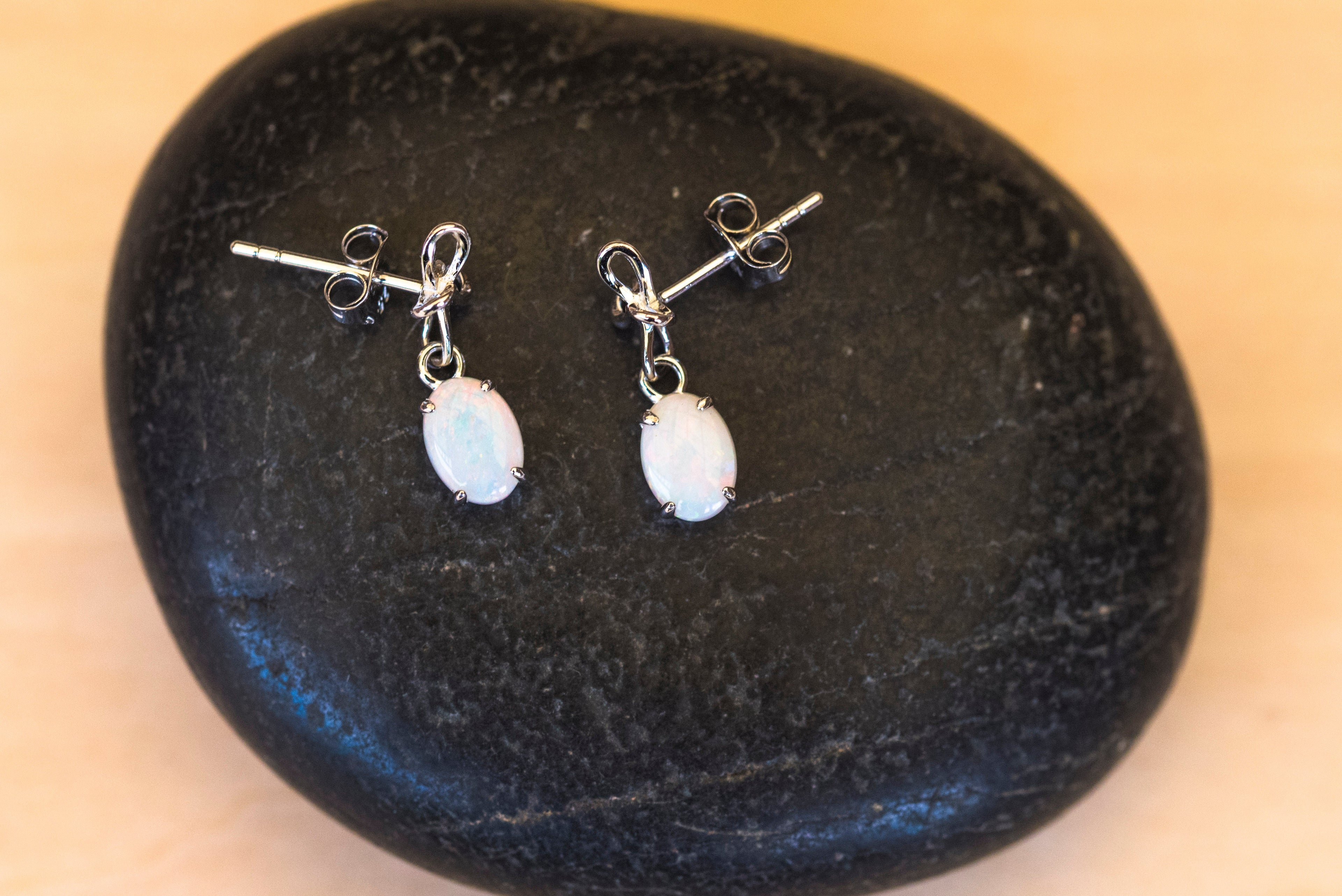 Natural Australian Opal Jewelry - Authentic Australian Solid White Opal Earrings in Sterling Silver White Gold Plated