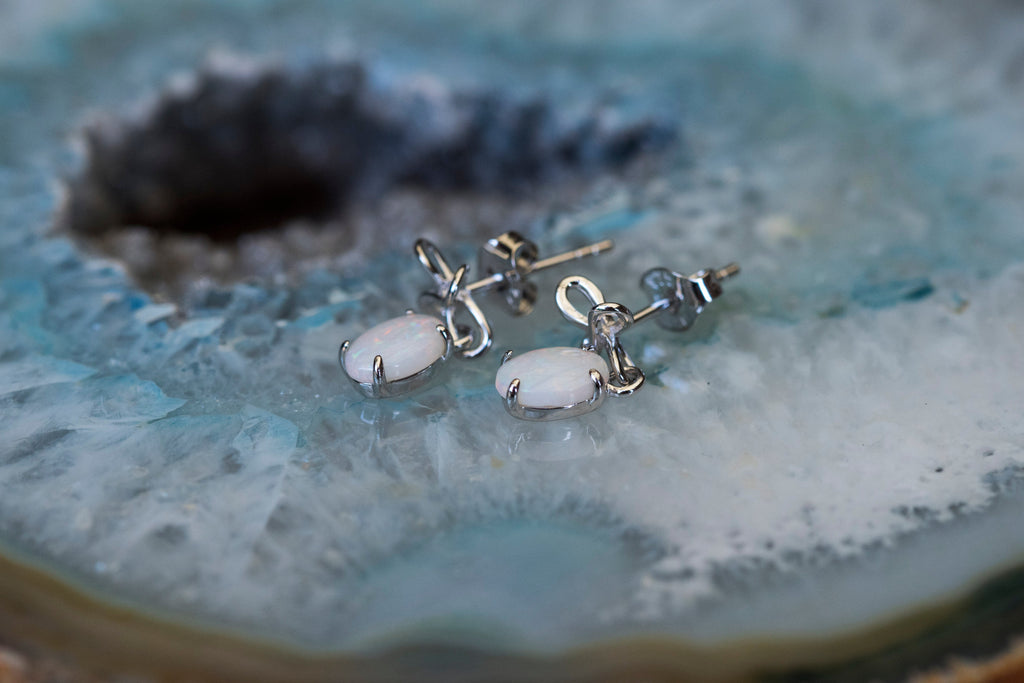 Natural Australian Opal Jewelry - Authentic Australian Solid White Opal Earrings in Sterling Silver White Gold Plated