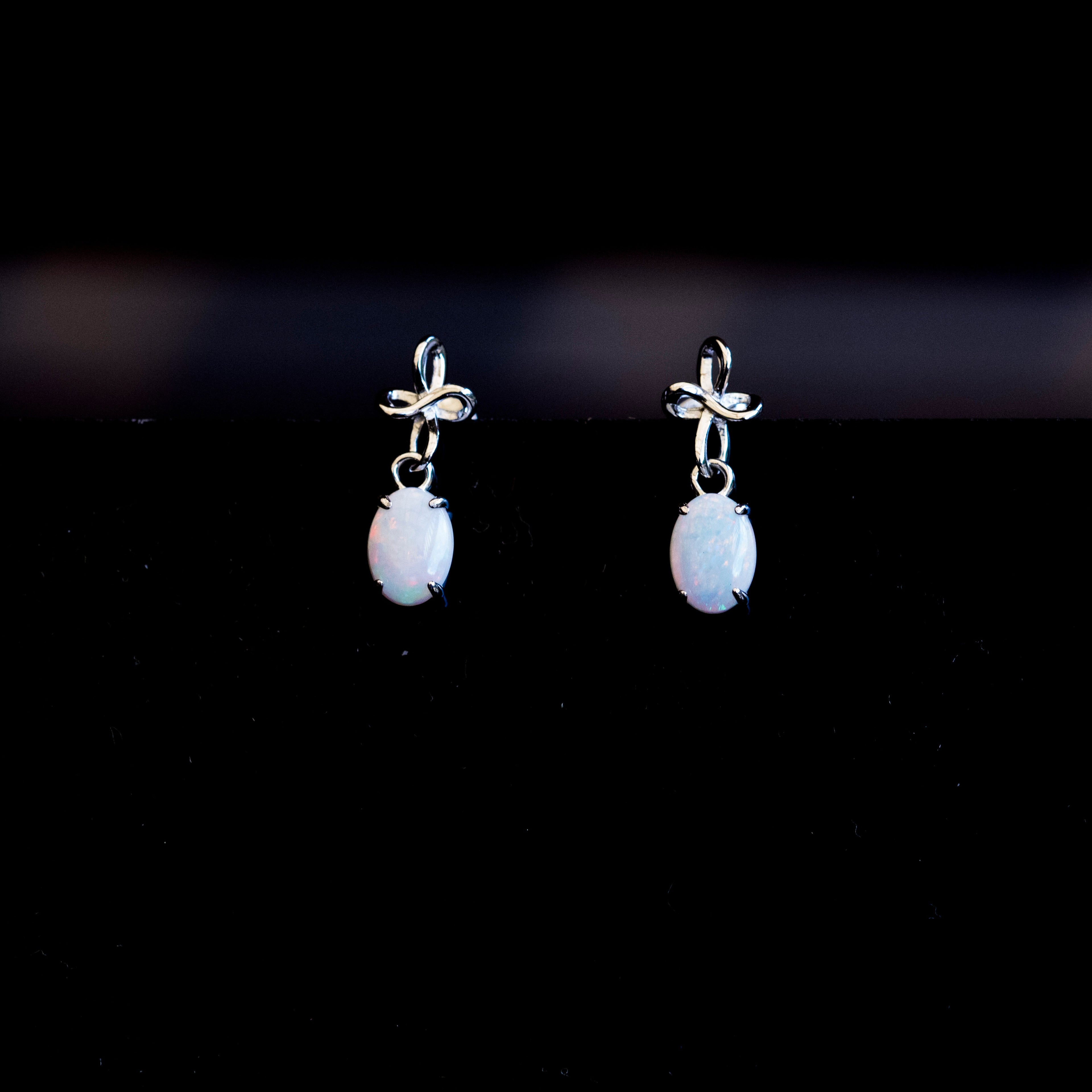 Natural Australian Opal Jewelry - Authentic Australian Solid White Opal Earrings in Sterling Silver White Gold Plated