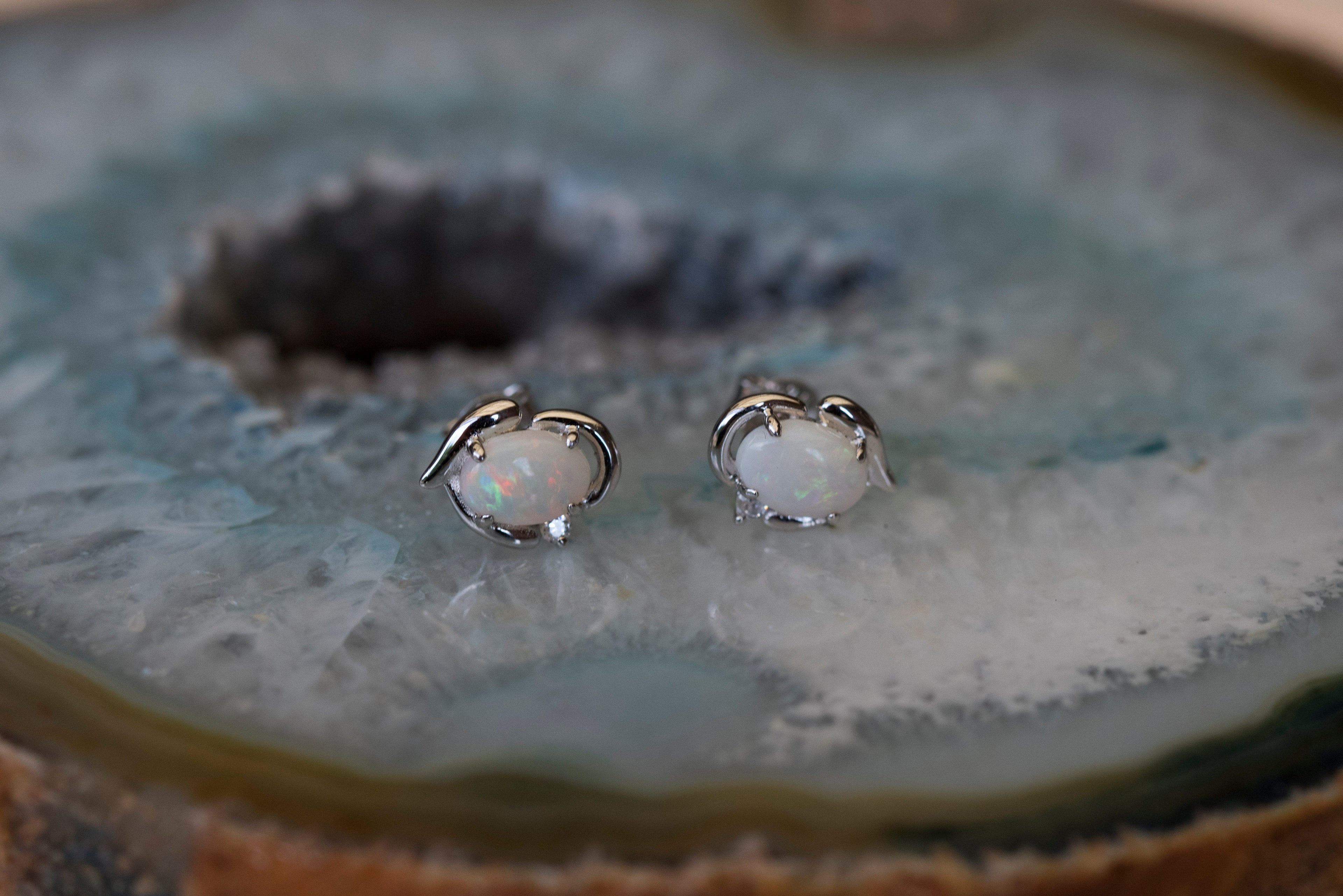 Genuine Australian Opal Earrings - Authentic Australian Solid White Opal Earrings in Sterling Silver White Gold Plated