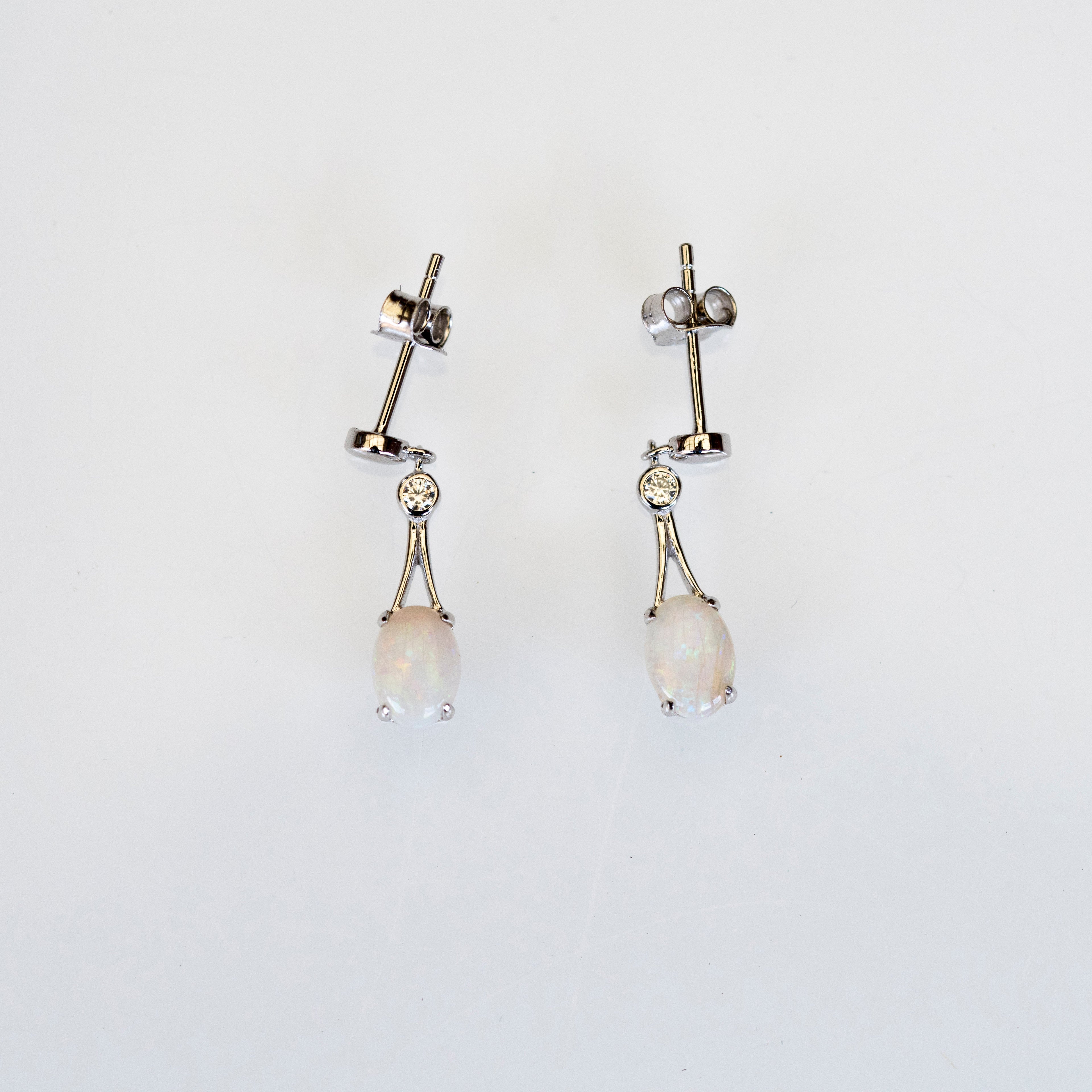 Genuine Australian Opal Jewelry - Handmade Locally - Authentic Australian Solid White Opal Earrings in Sterling Silver White Gold Plated