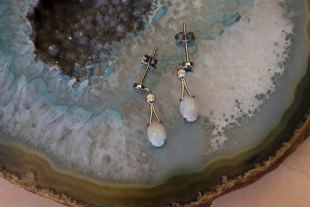Genuine Australian Opal Jewelry - Handmade Locally - Authentic Australian Solid White Opal Earrings in Sterling Silver White Gold Plated